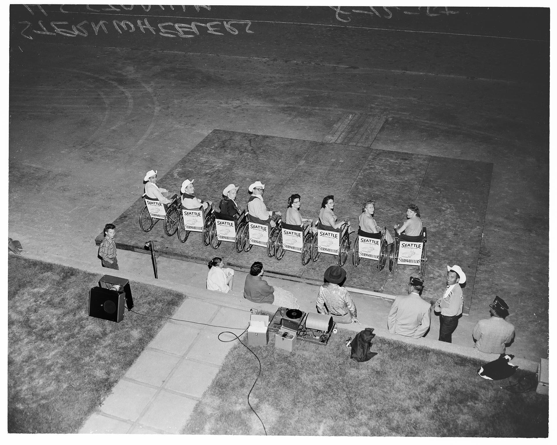 Image of Sternwheelers club members lined up on dance floor, Seattle, August 12, 1955