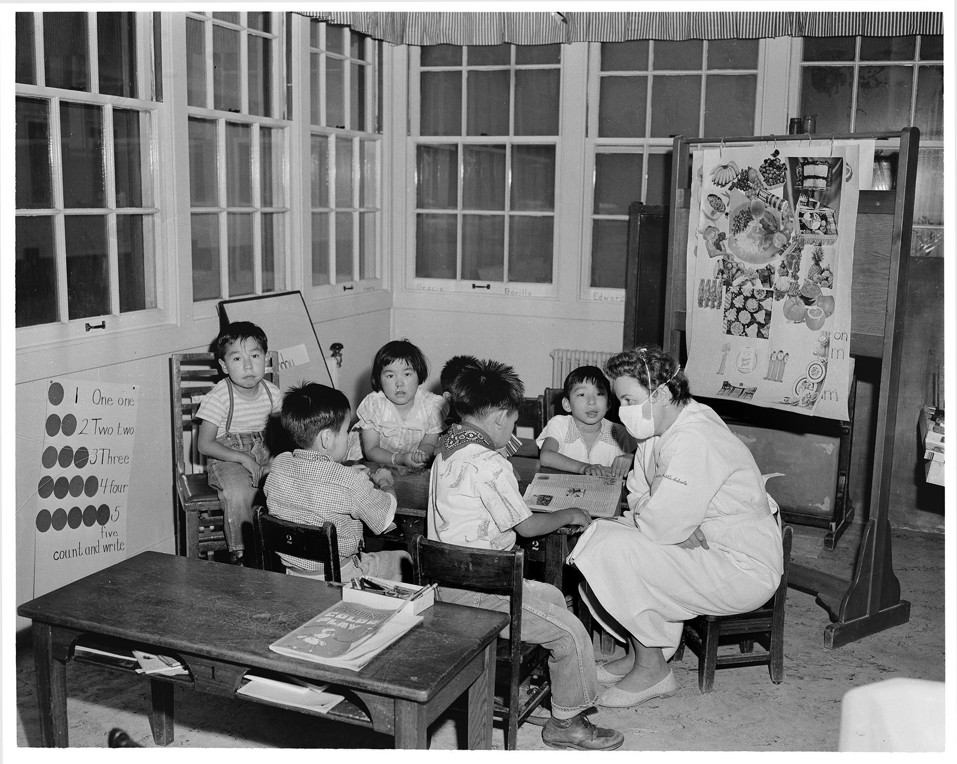 Image of Teacher reading to students at Firland Sanitarium, Seattle, November 8, 1955