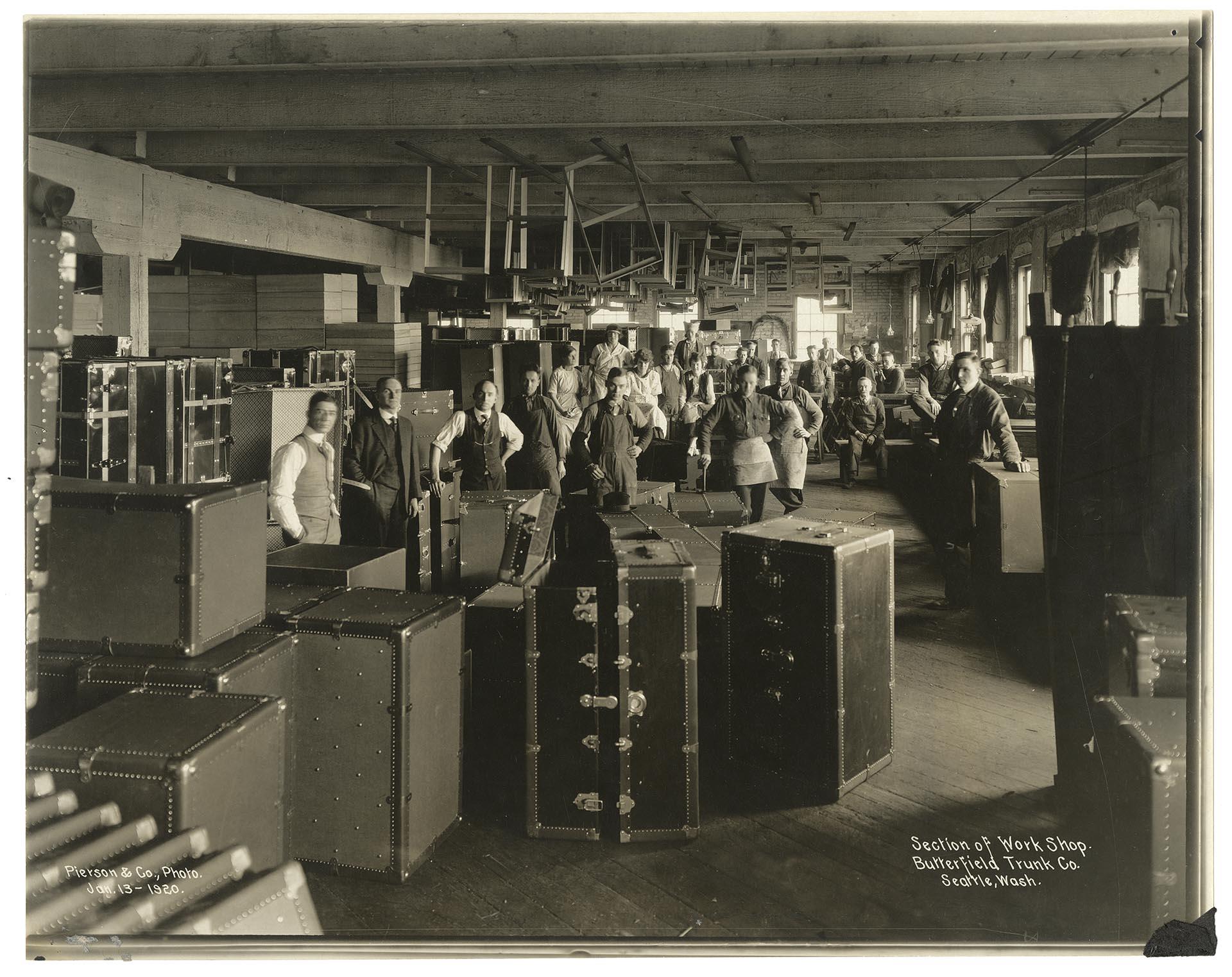Image of Butterfield Trunk Co. employees in work shop, Seattle, January 13, 1920