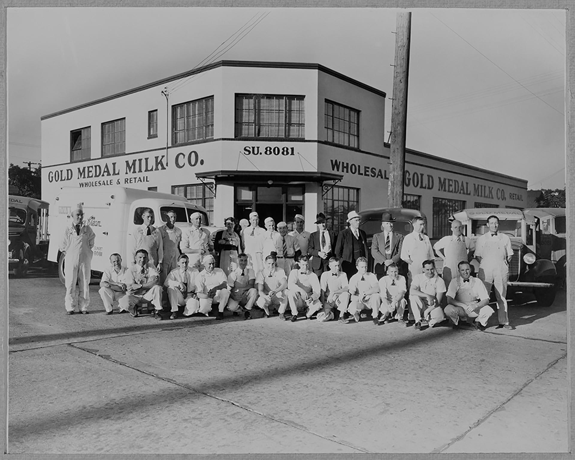 Image of Employees posing in front of Gold Medal Milk Co., Seattle, circa 1935
