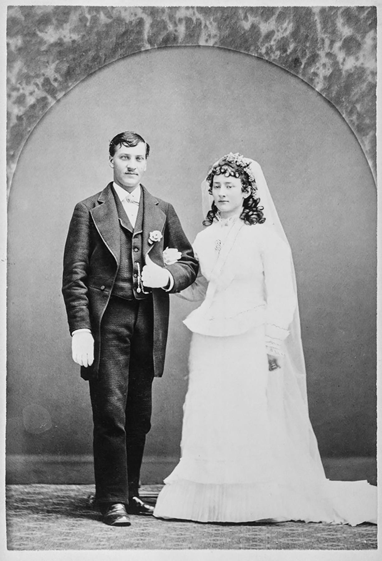 Image of Edward and Abbie Denny Lindsley posing for wedding portrait, Seattle, 1877