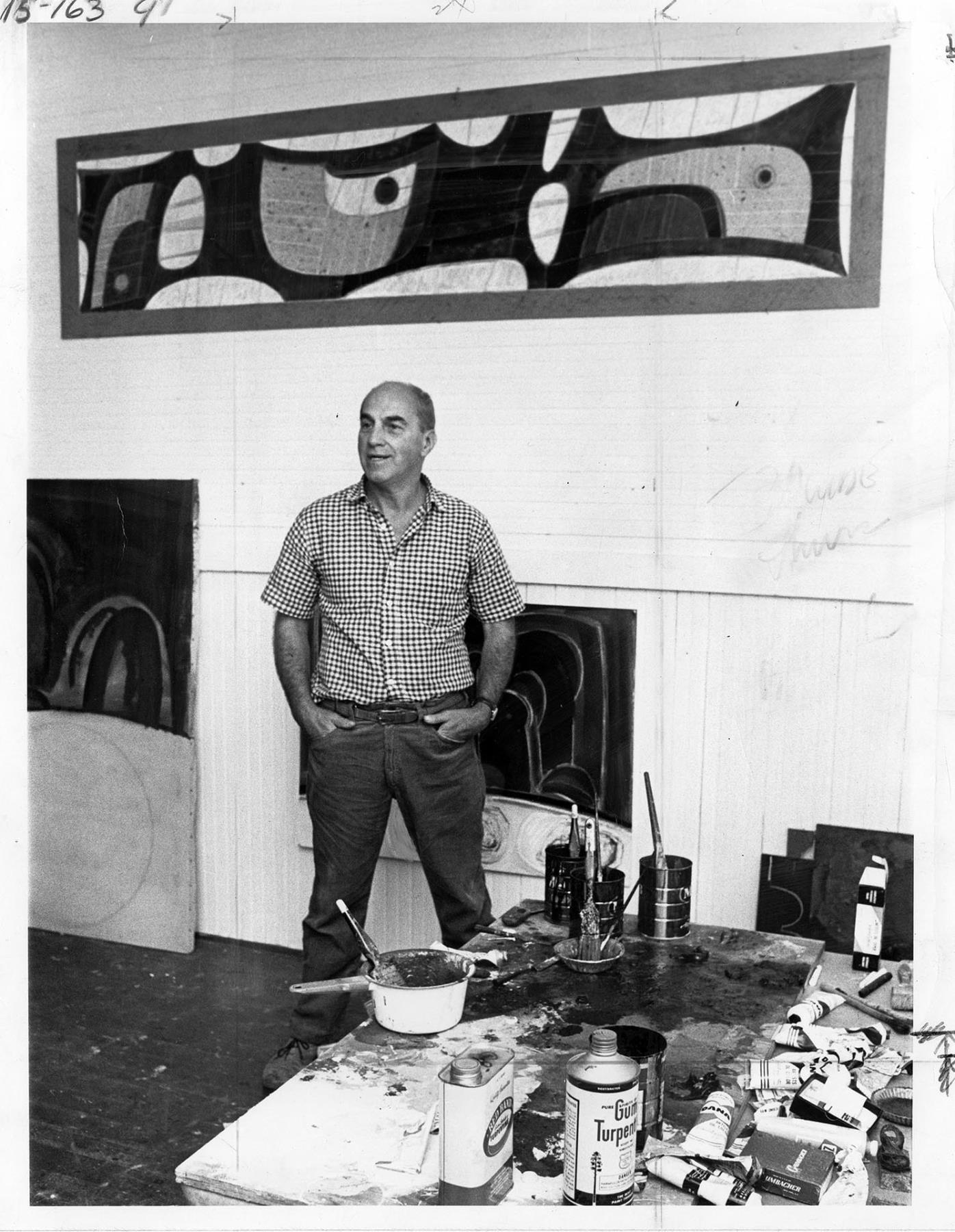 Image of Guy Anderson in his studio with mural design, LaConner, August 16, 1968