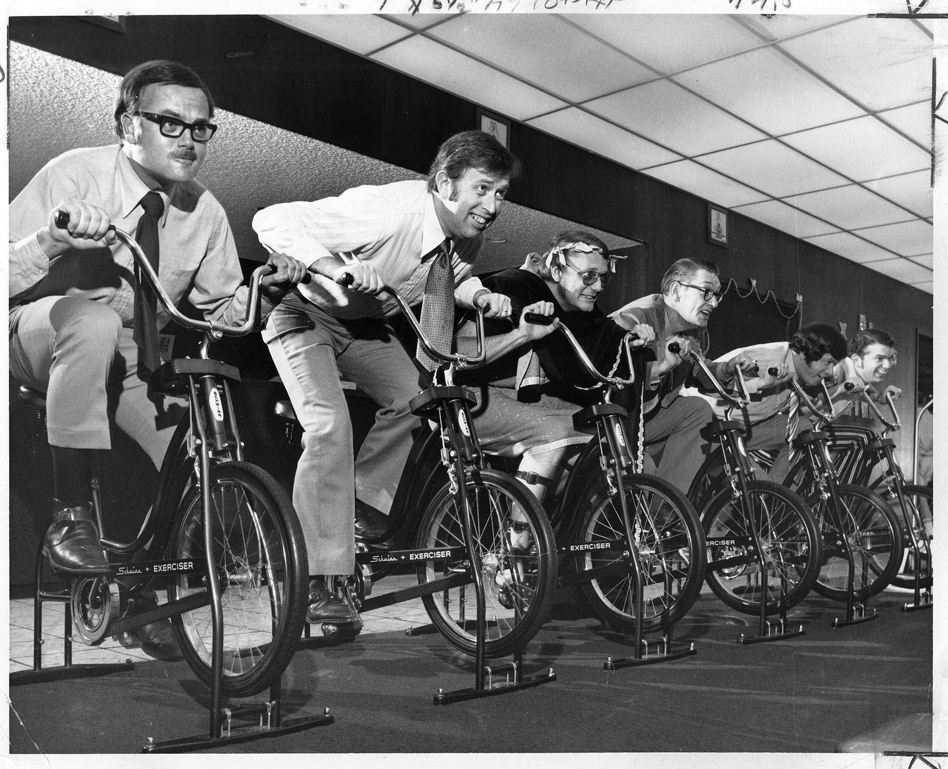 Image of Disc jockeys riding exercise bikes, Seattle, October 8, 1971