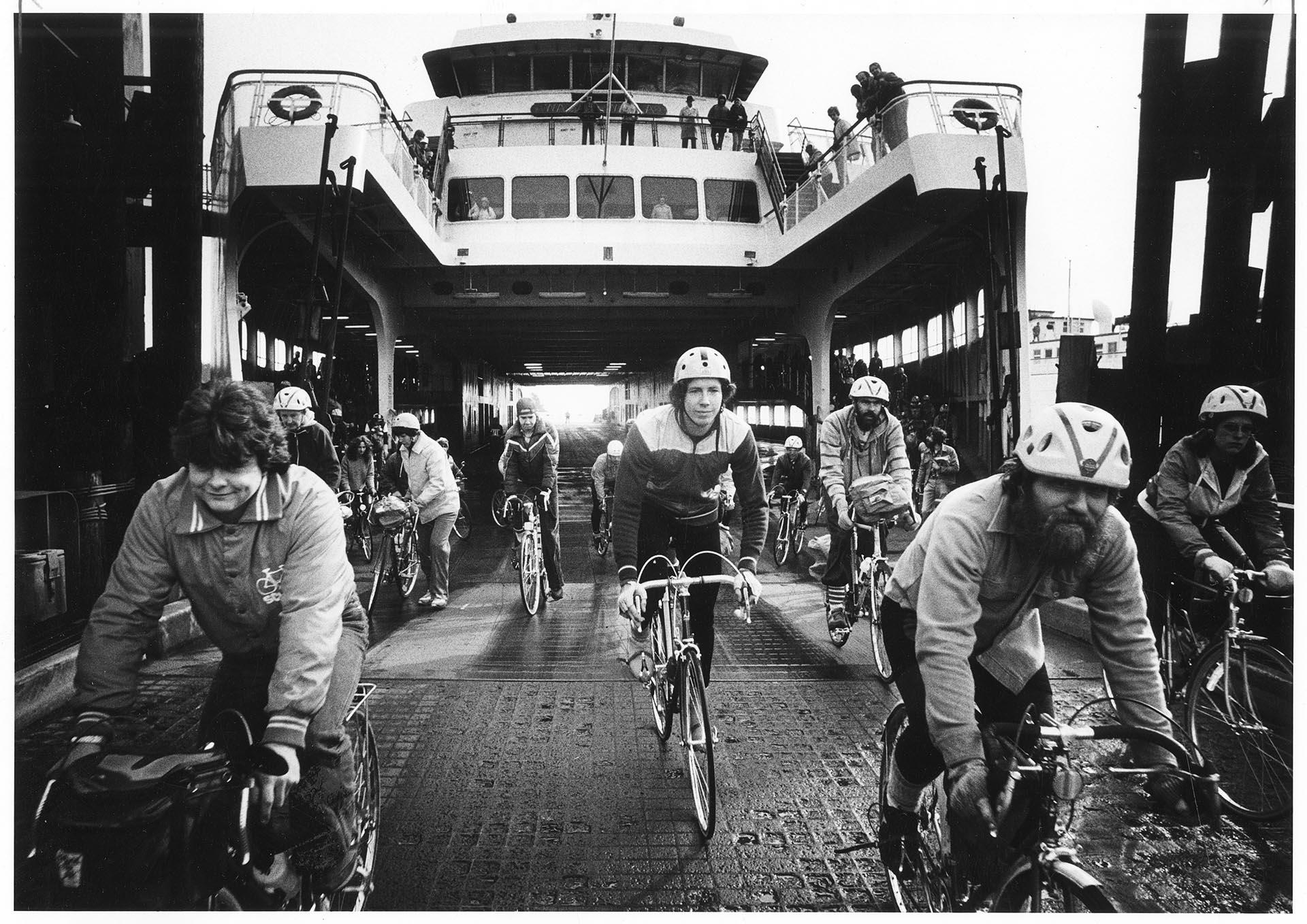 Image of Chilly Hilly bicyclists disembarking ferry, Bainbridge Island, March 1, 1982