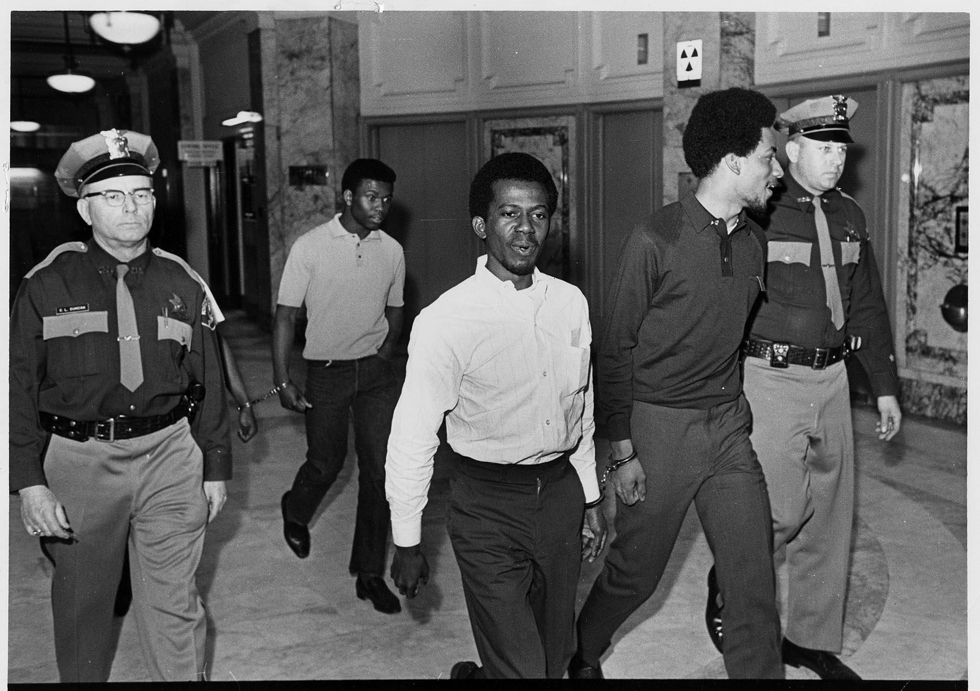 Image of Franklin High School sit-in defendants arriving at court, April 5, 1968