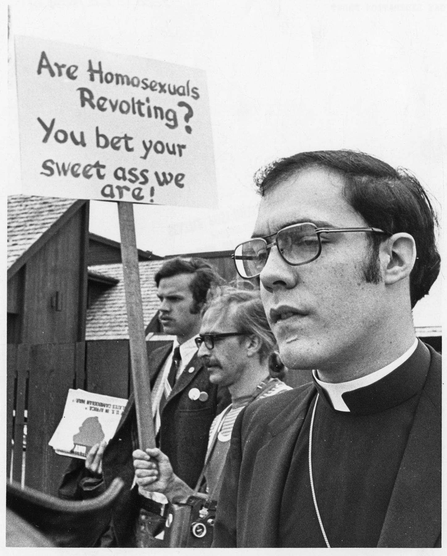 Image of Gay Liberation Front members demonstrating against police chief, Seattle, May 5, 1973