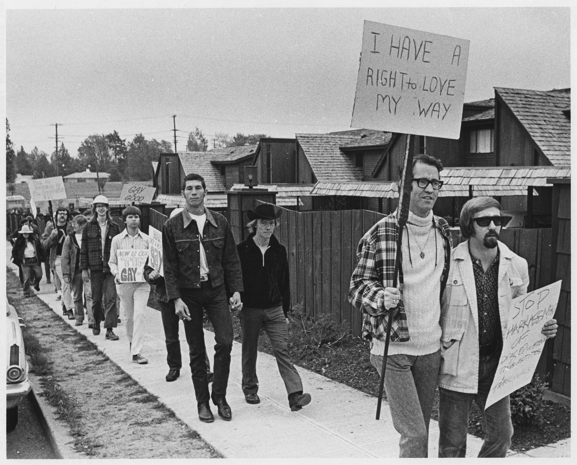 Image of Gay Liberation Front members demonstrating against police chief, Seattle, May 5, 1973