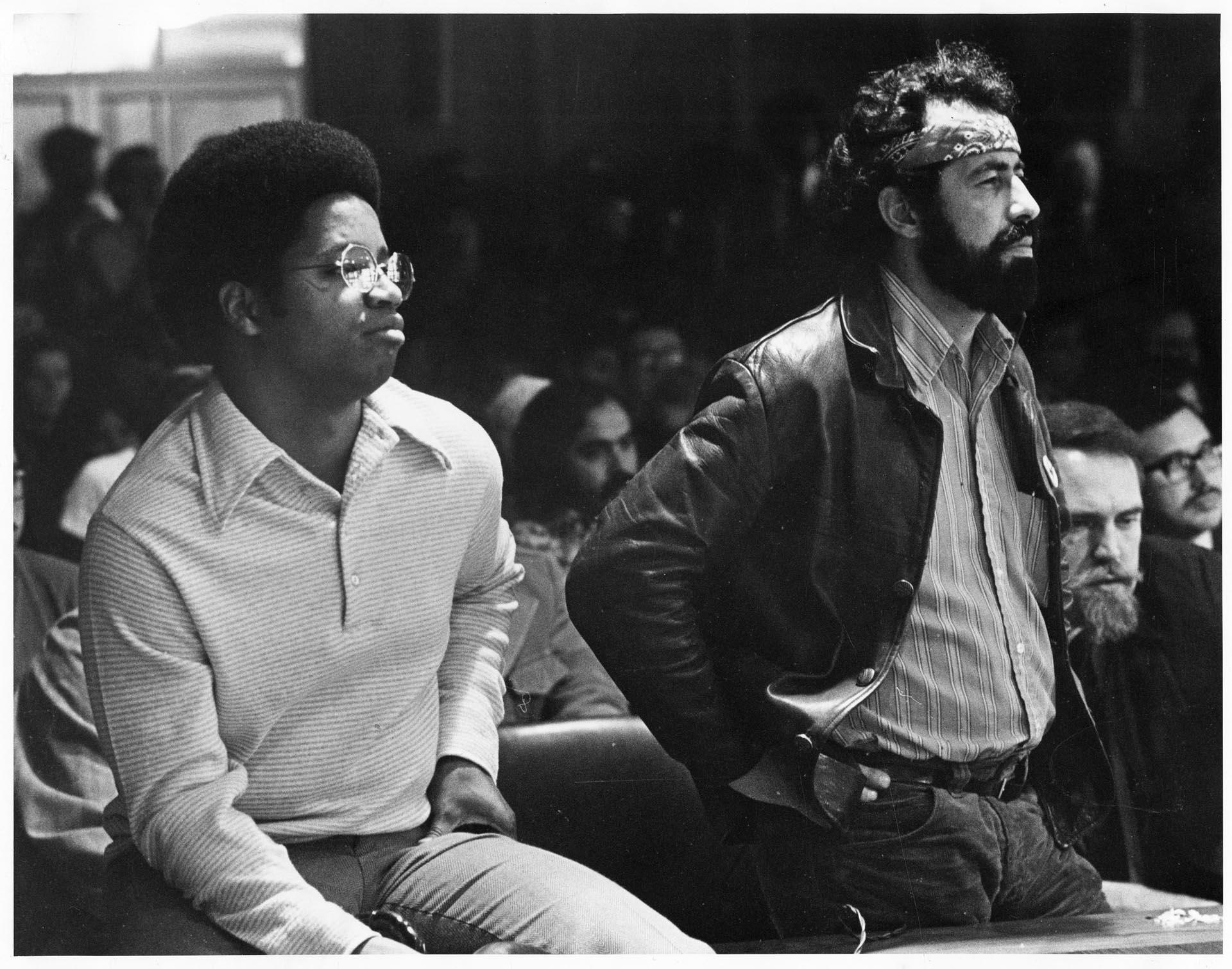 Image of Larry Gossett and Roberto Maestas at City Council meeting, Seattle, November 10, 1972