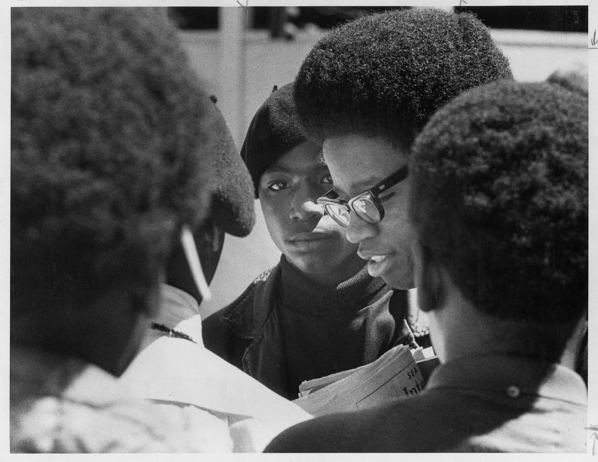 Image of Larry Gossett talking with protesters, Seattle, August 8, 1968