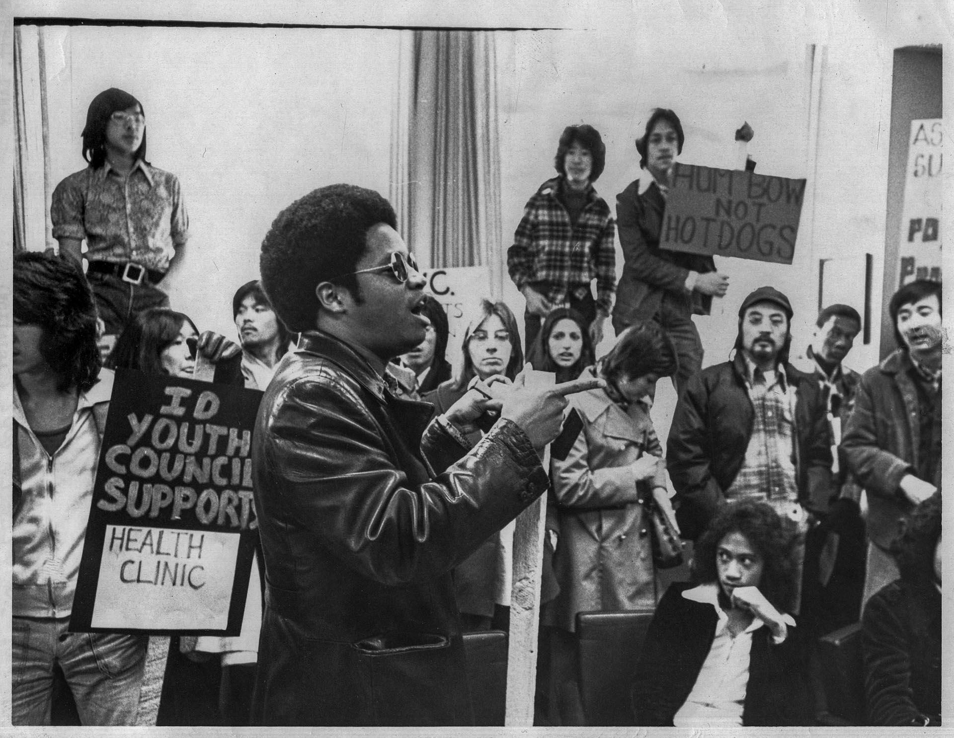 Image of Larry Gossett speaking at anti-stadium demonstration, Seattle, February 3, 1975