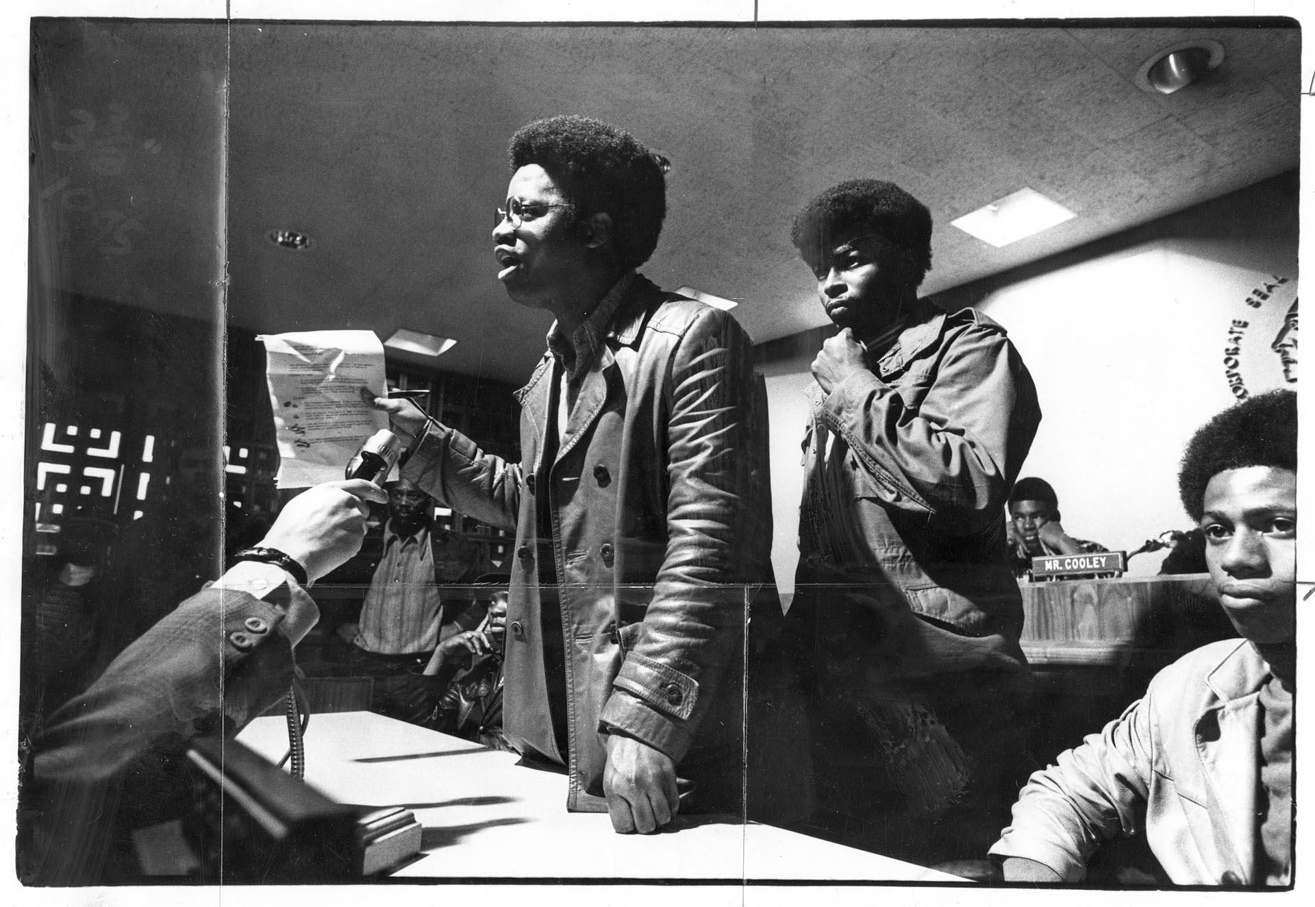 Image of Larry Gossett speaking at anti-police violence demonstration, Seattle, April 20, 1971