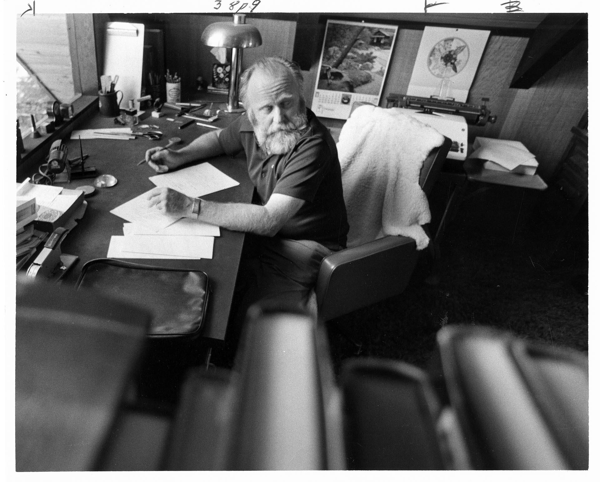 Image of Frank Herbert working in his home office, Port Townsend, September 11, 1979