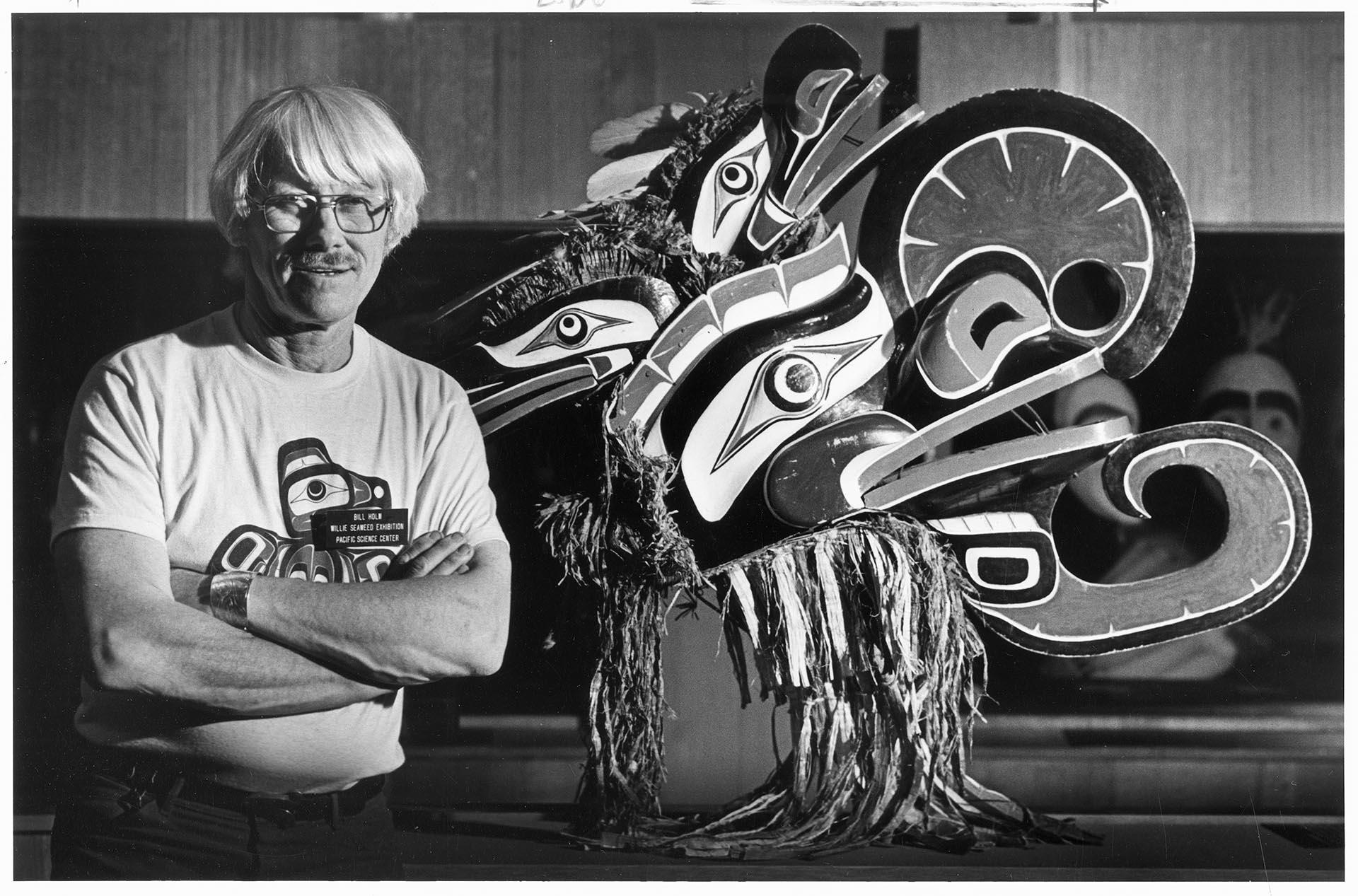Image of Bill Holm with mask by Willie Seaweed, Seattle, September 10, 1983