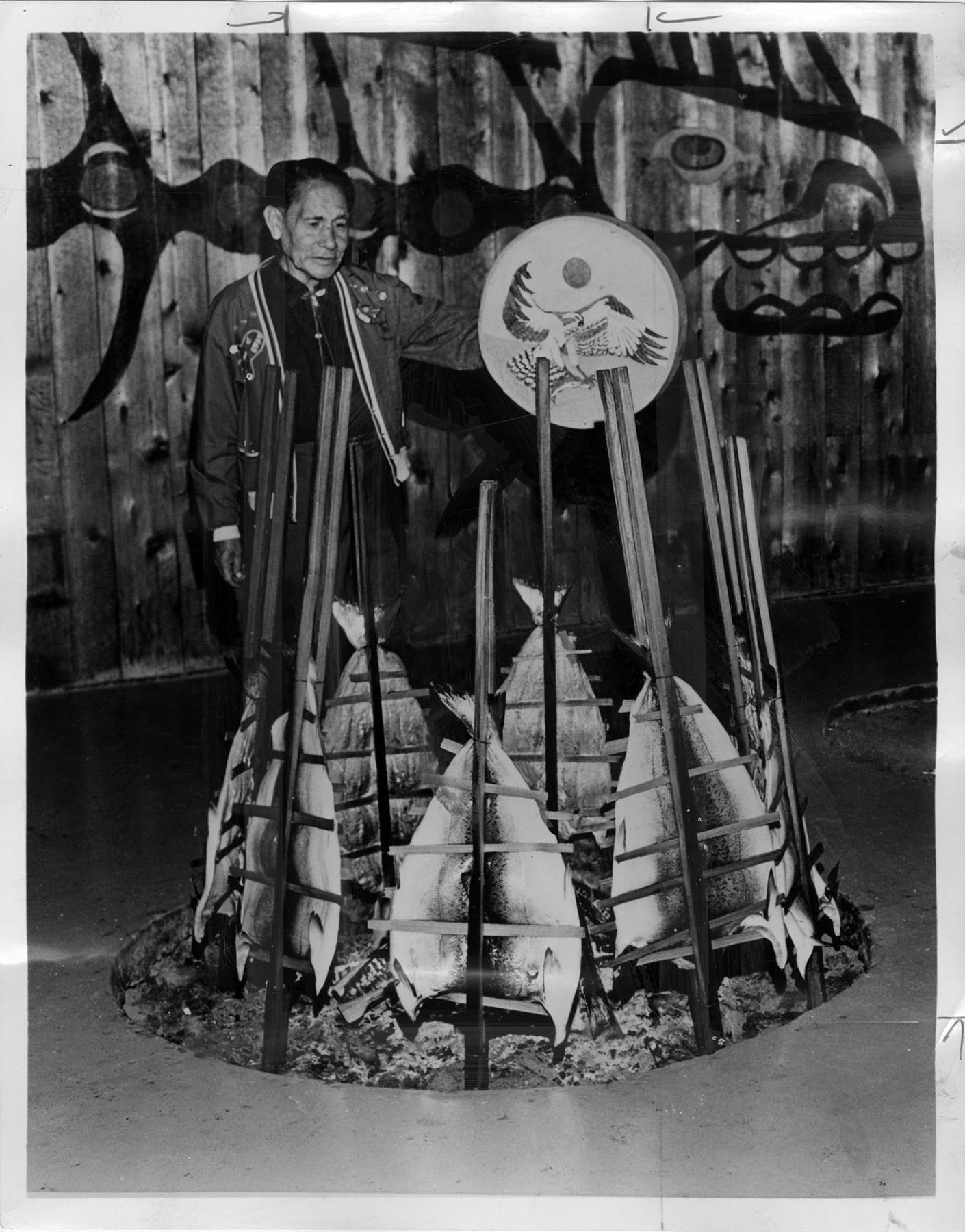 Image of Hyacinth David with drum at Tillicum Village, July 31, 1970