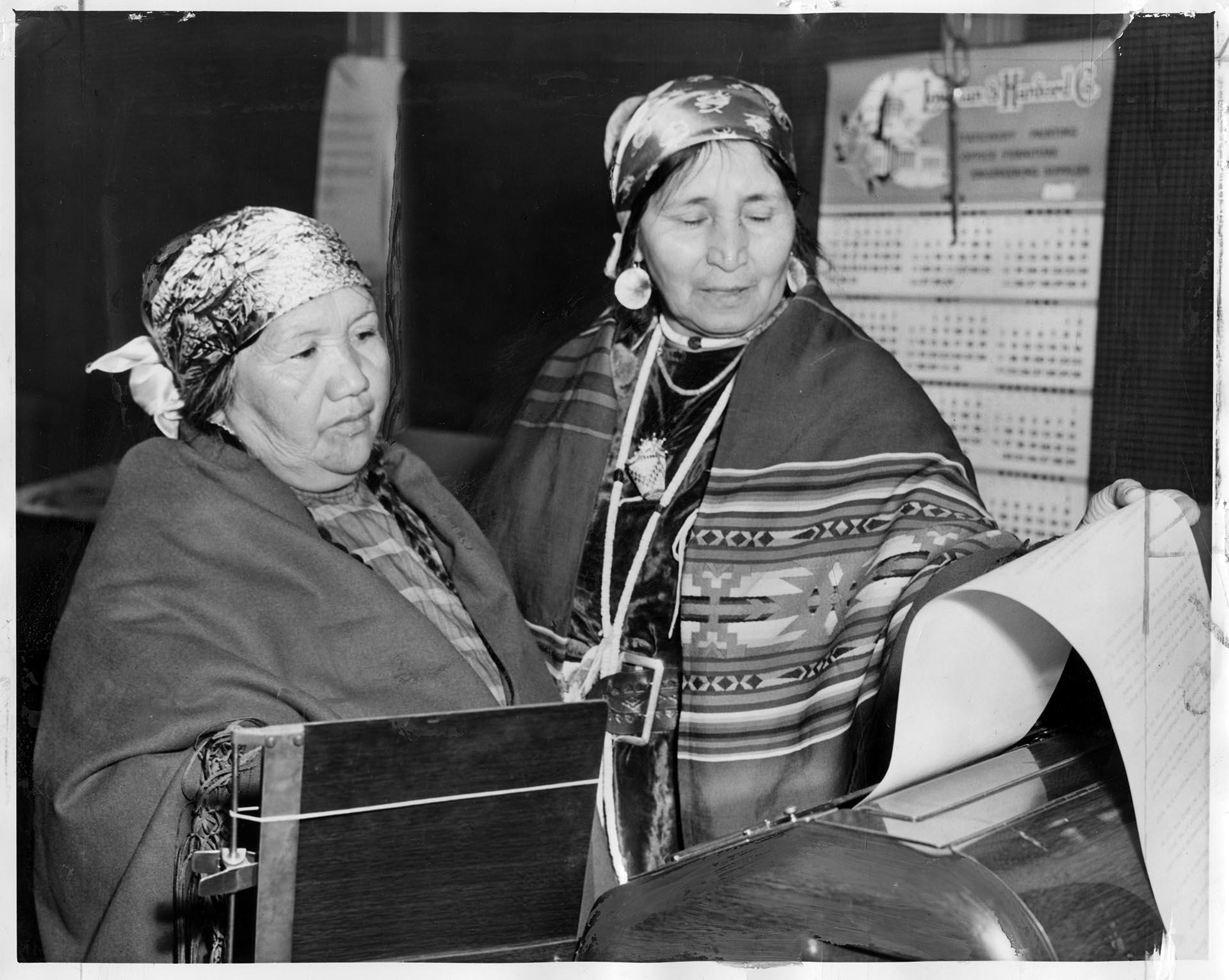 Image of Julia So-Happy and Nettie Shawaway visiting Seattle Post-Intelligencer building, Seattle, October 14, 1956