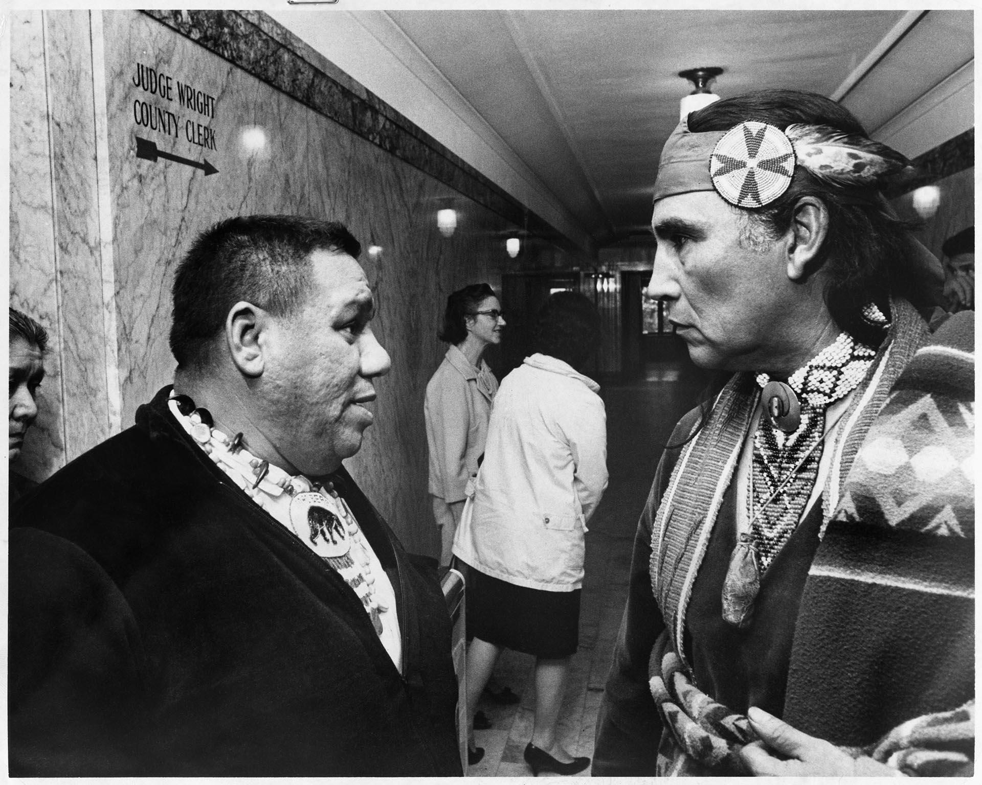 Image of Semu and Mad Bear in courthouse, Olympia, November 28, 1966