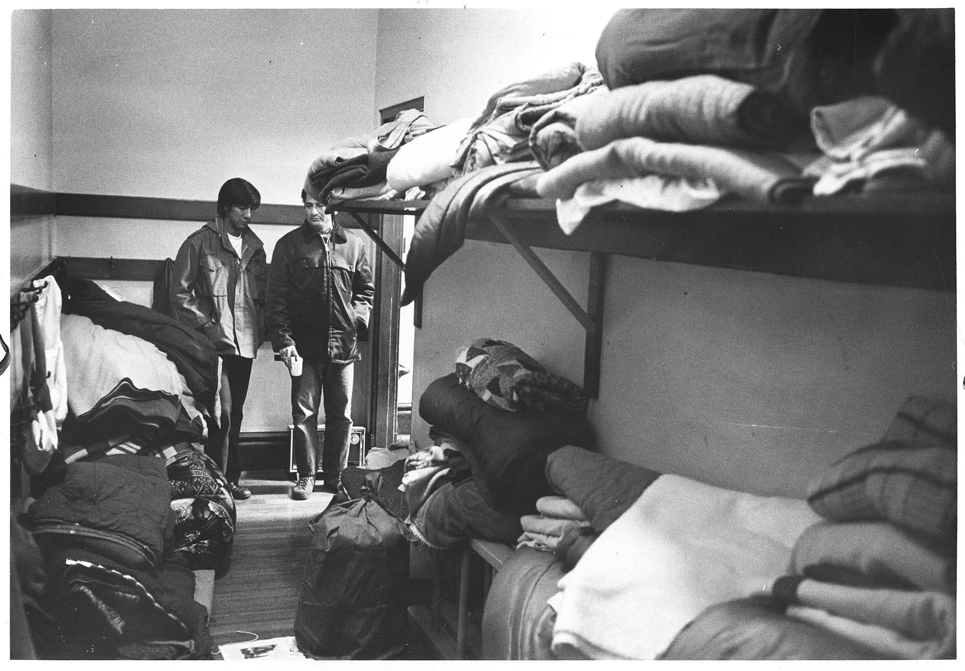 Image of Men in makeshift dormitory in occupied Beacon Hill School, October 18, 1972