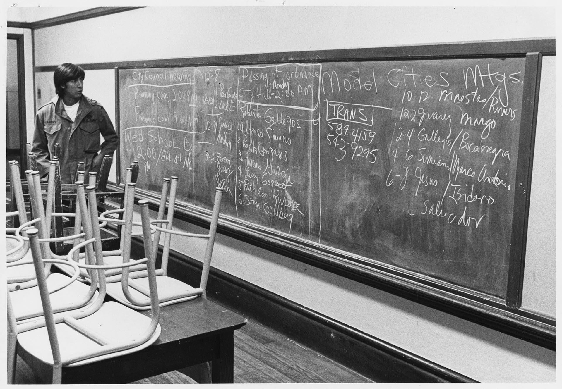 Image of Alfonso Simiano in classroom during occupation of Beacon Hill School, October 18, 1972
