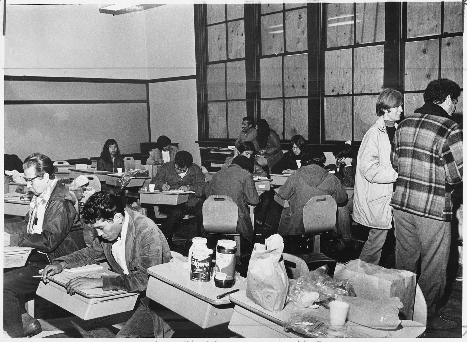 Image of Group in classroom at occupied Beacon Hill School, October 11, 1972