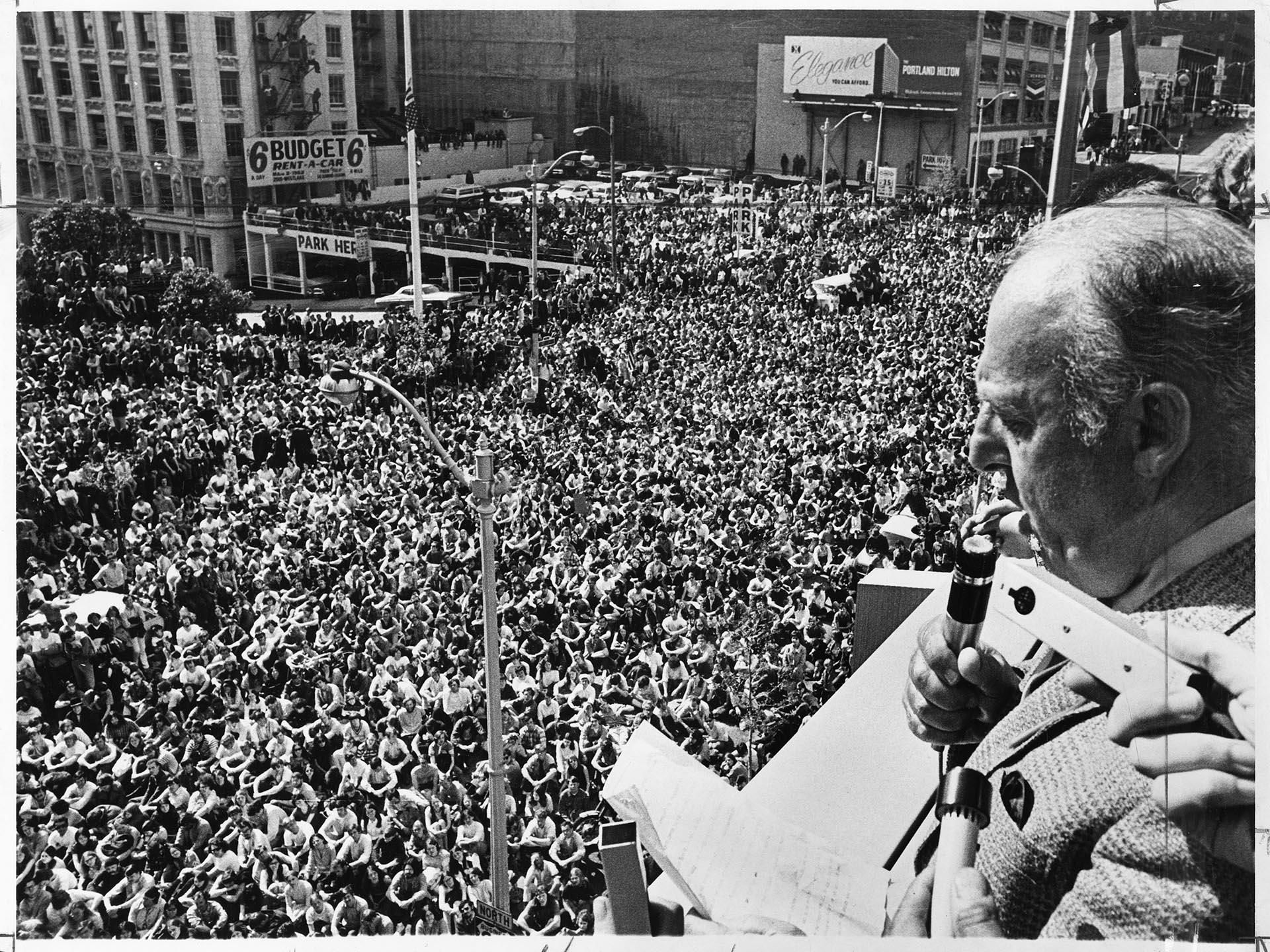 Image of Charles Carroll addressing protesters outside City Hall, Seattle, May 6, 1970