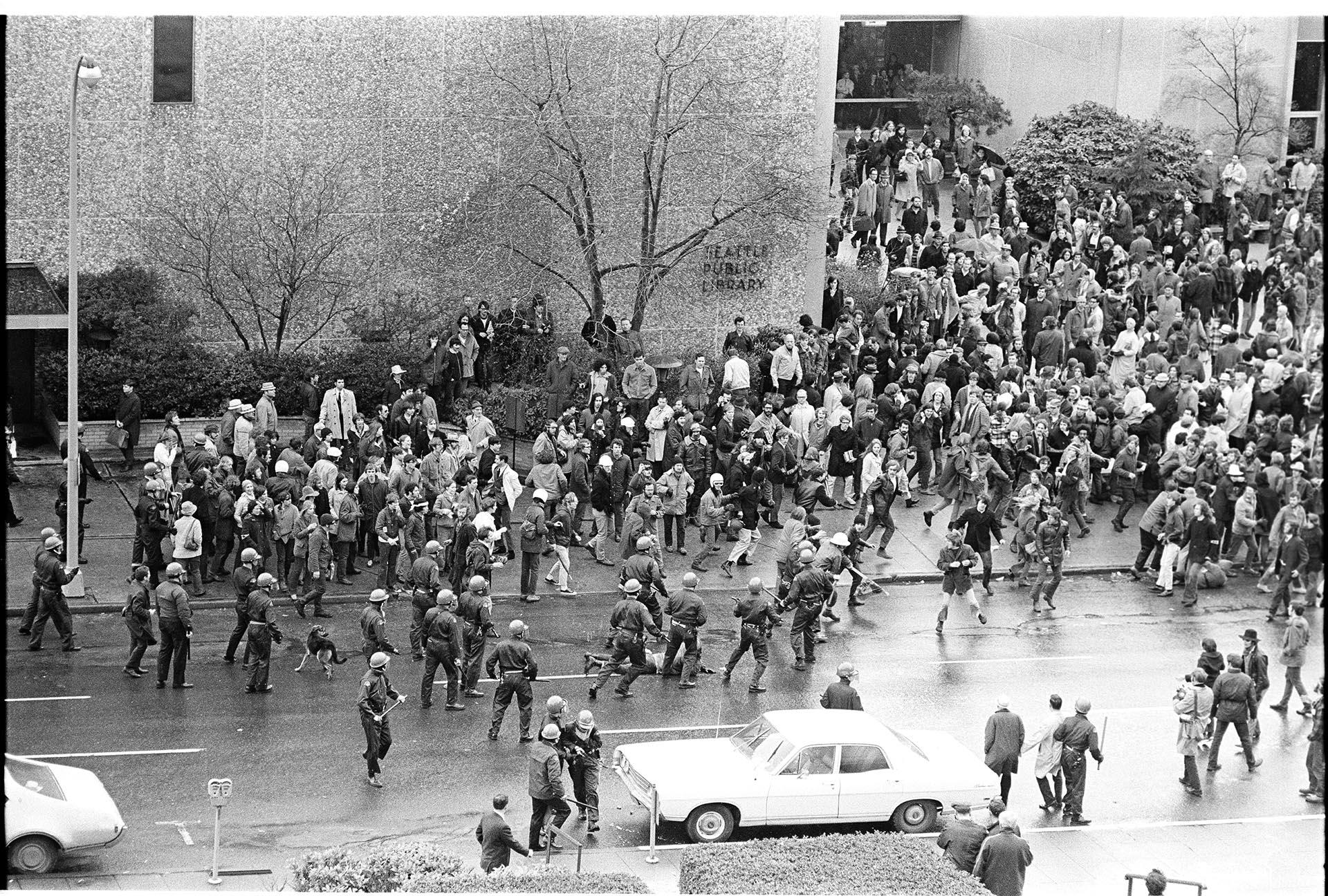 Image of Police and demonstrators on 5th Ave, Seattle, February 17, 1970