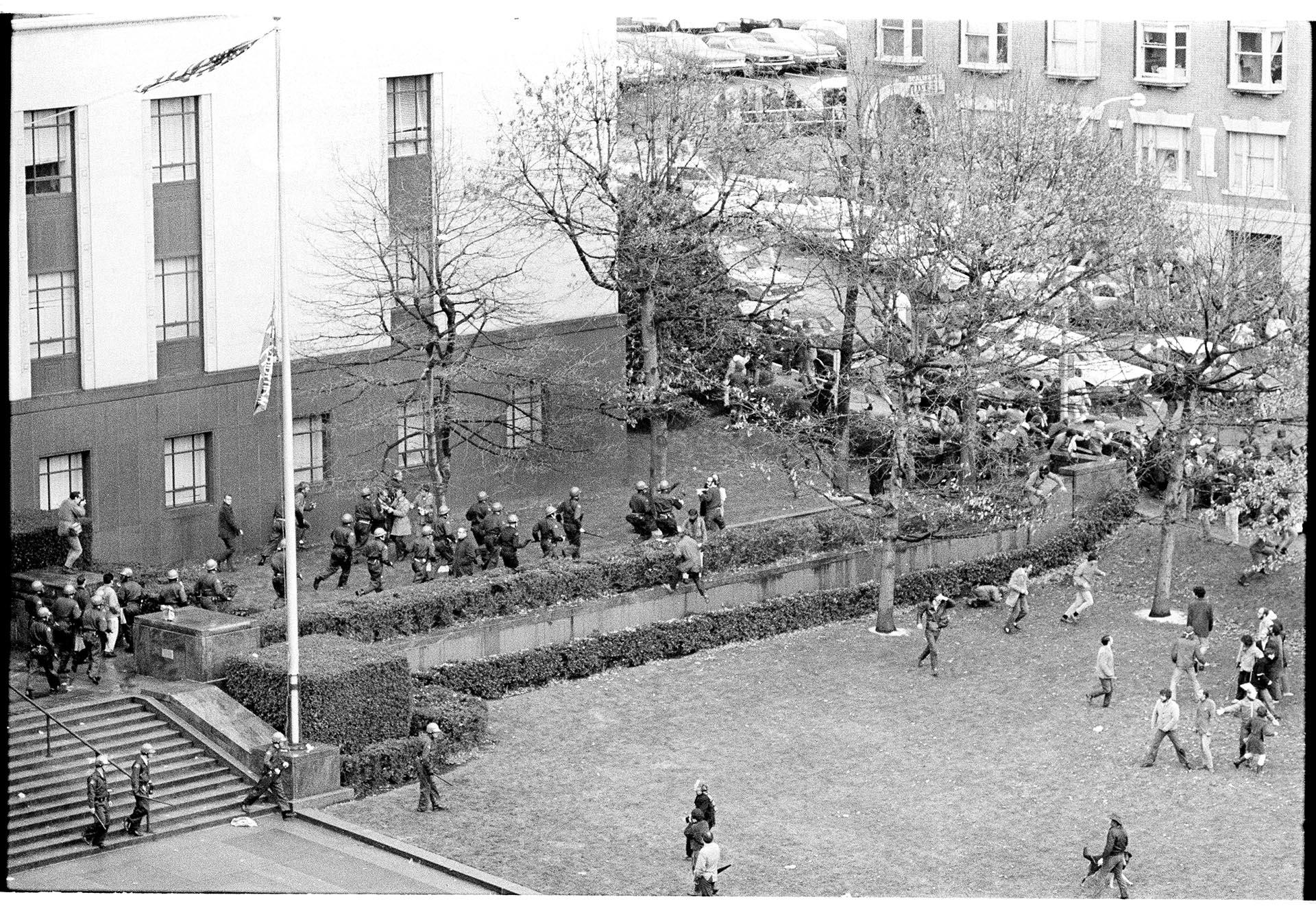 Image of Police and  demonstrators in front of the Federal Courthouse, Seattle, February 17, 1970