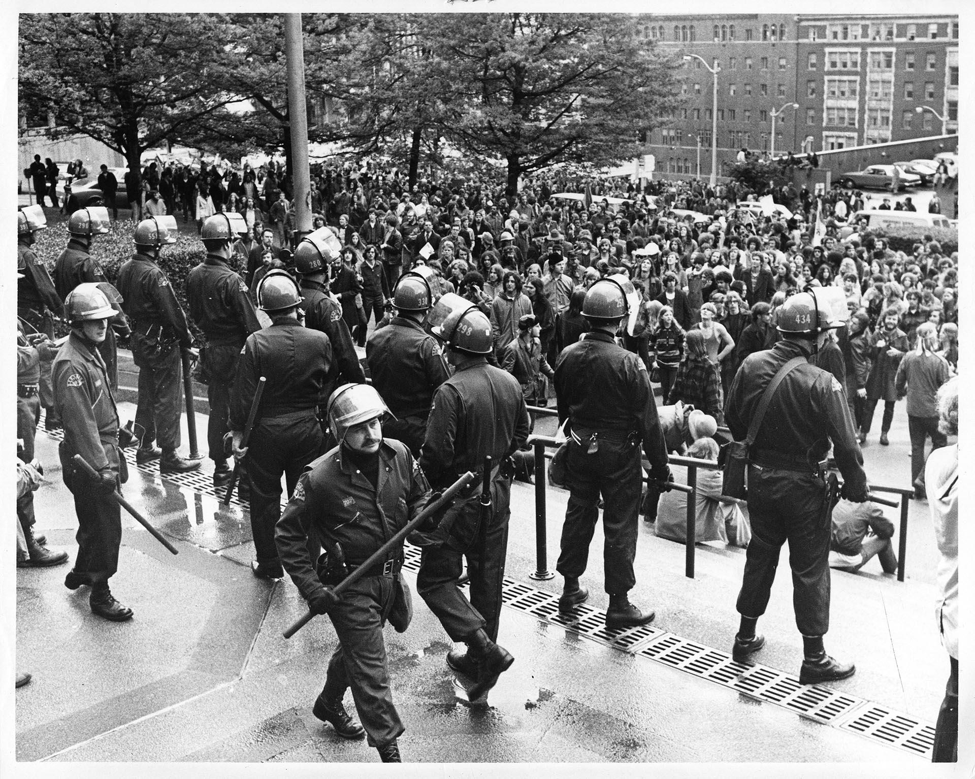 Image of Police and protesters at Federal Courthouse, Seattle, May 1971