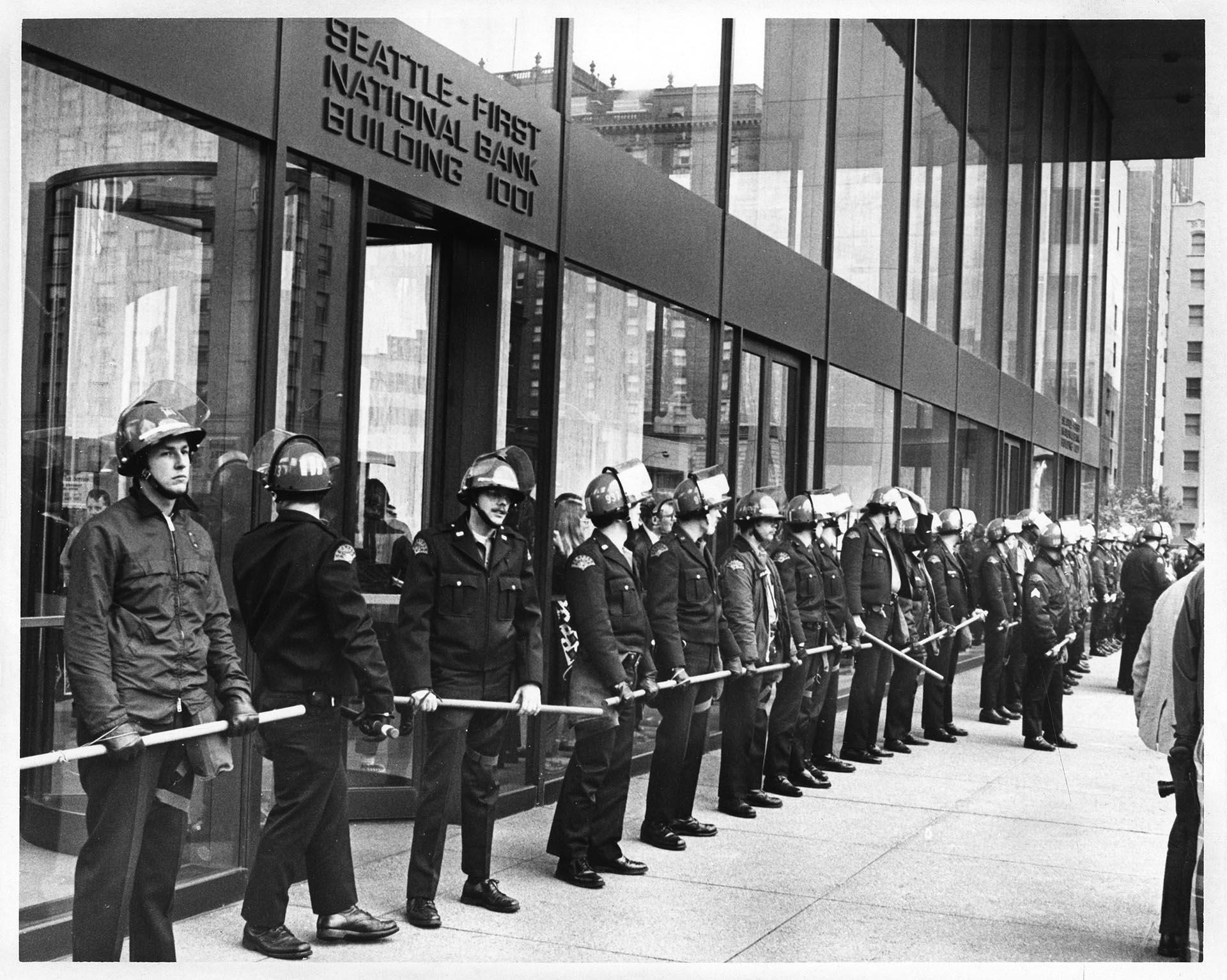 Image of Seattle Police Tactical Squad at SeaFirst building, May 5, 1971