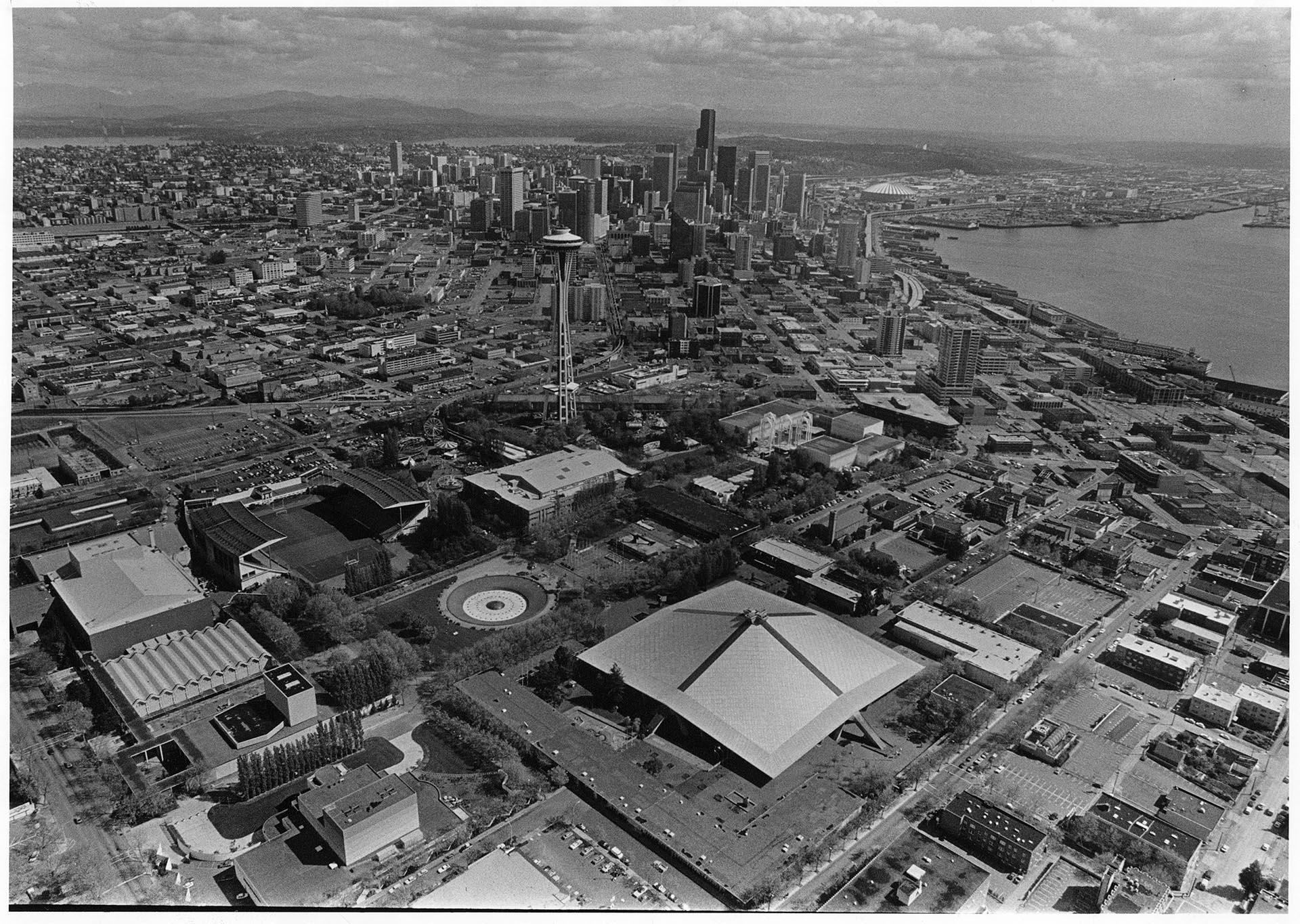 Image of Aerial view of Seattle Center, April, 1987