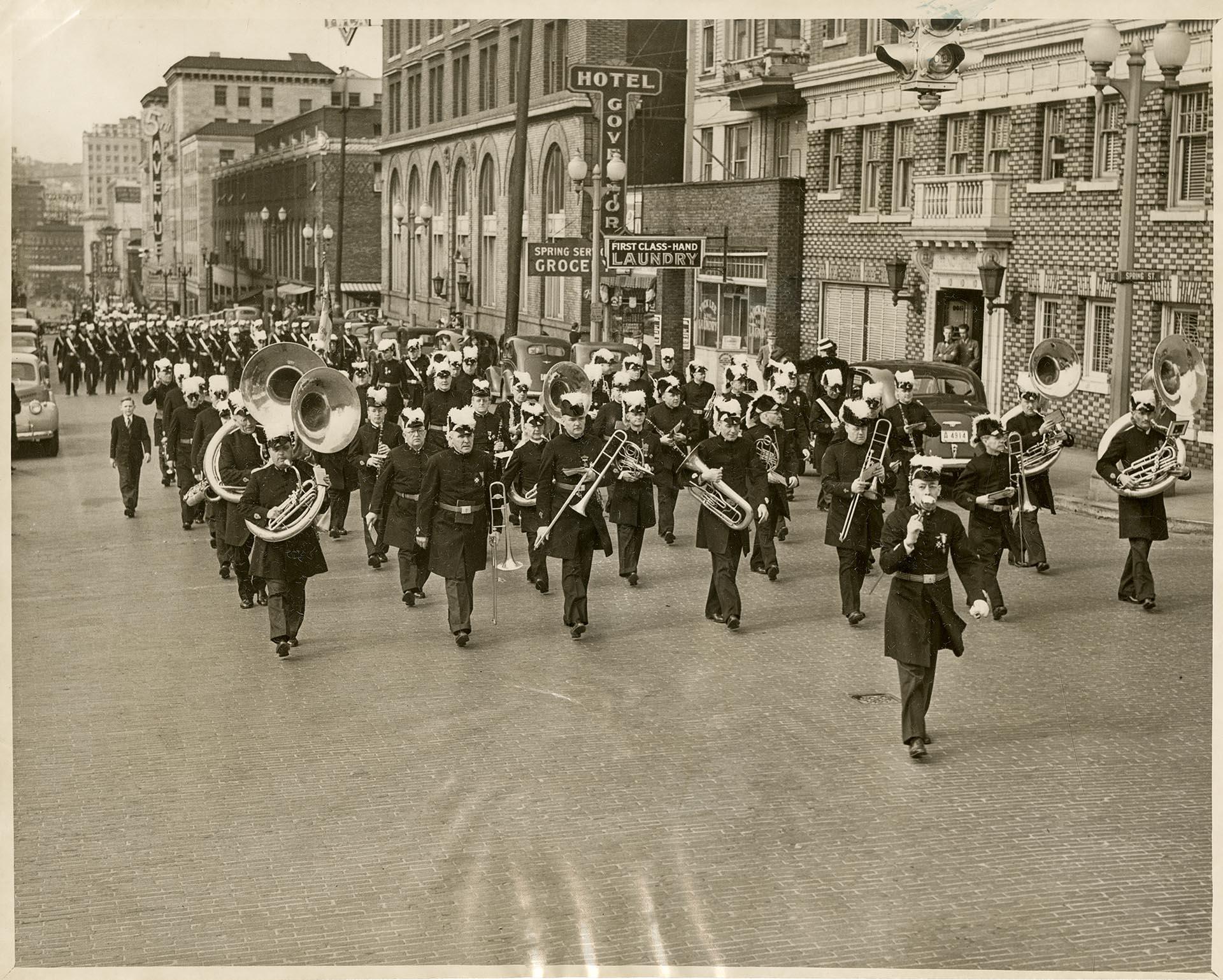 Image of Knights Templar marching in Easter parade, Seattle, March 24, 1940
