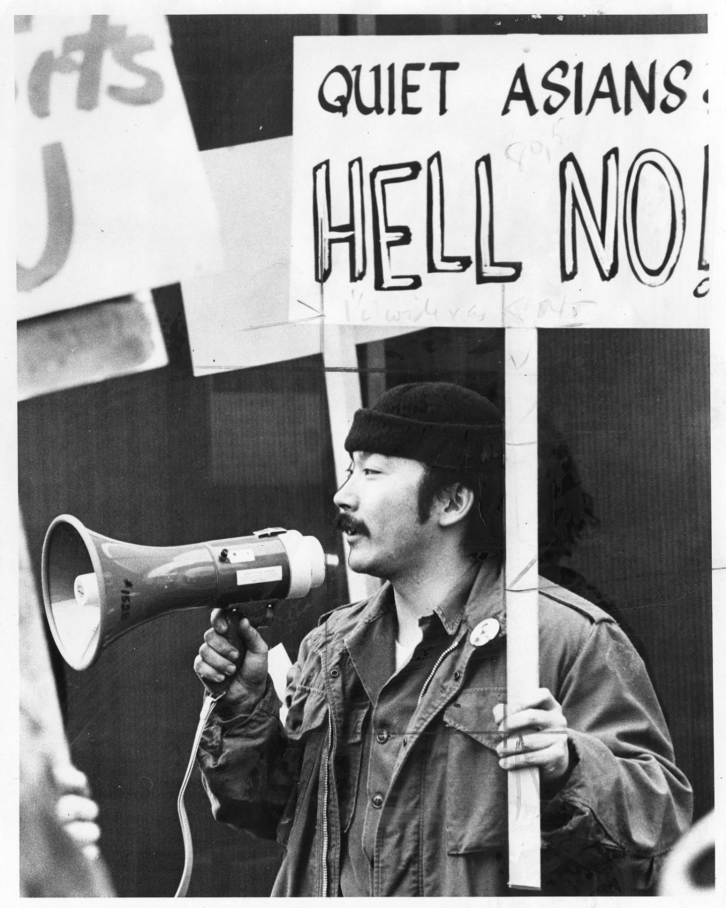 Image of Mike Tagawa leading OSU demonstration, Seattle, February 9, 1969