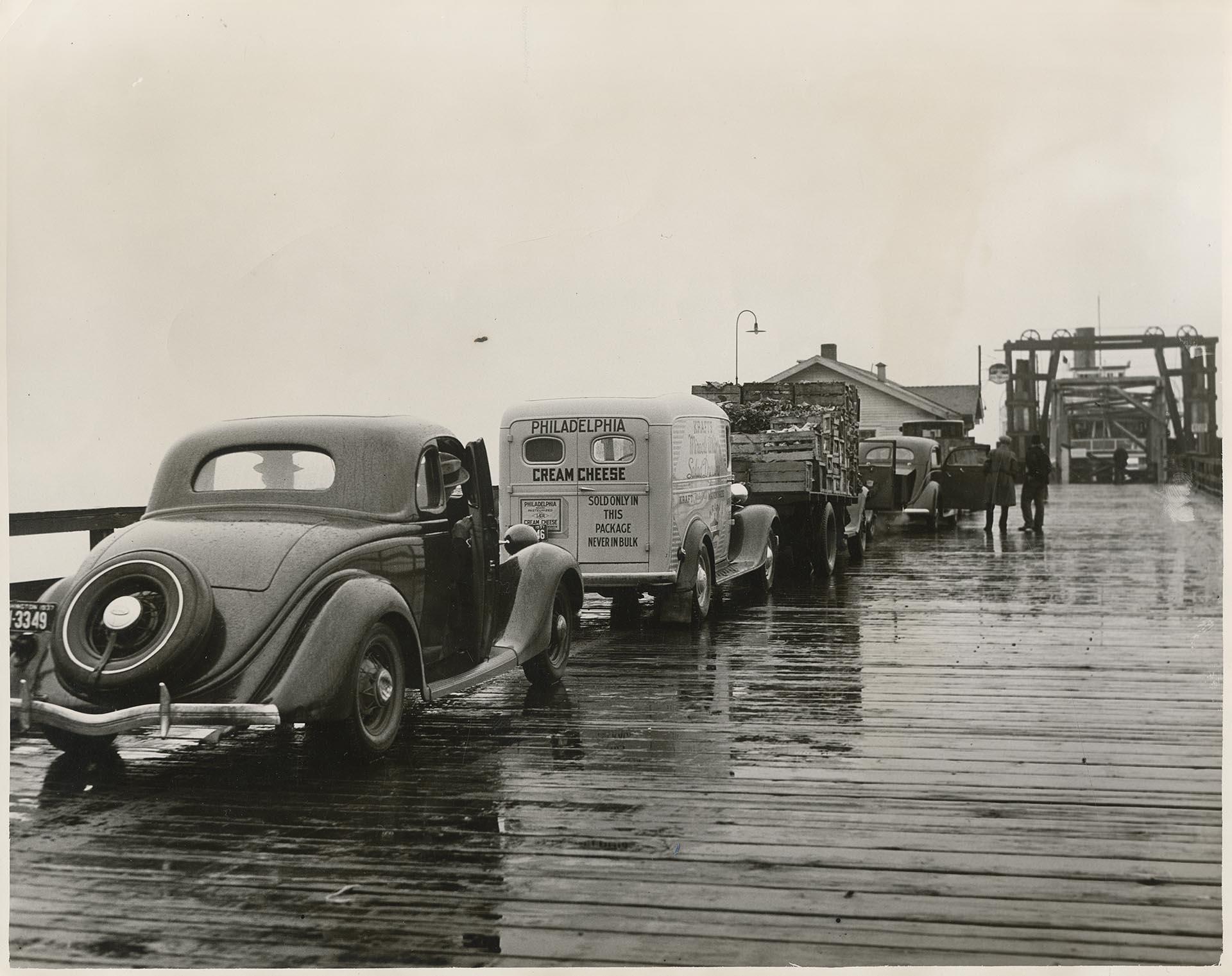 Image of Cars and passengers waiting at Fauntleroy ferry dock, Seattle, June 17, 1937