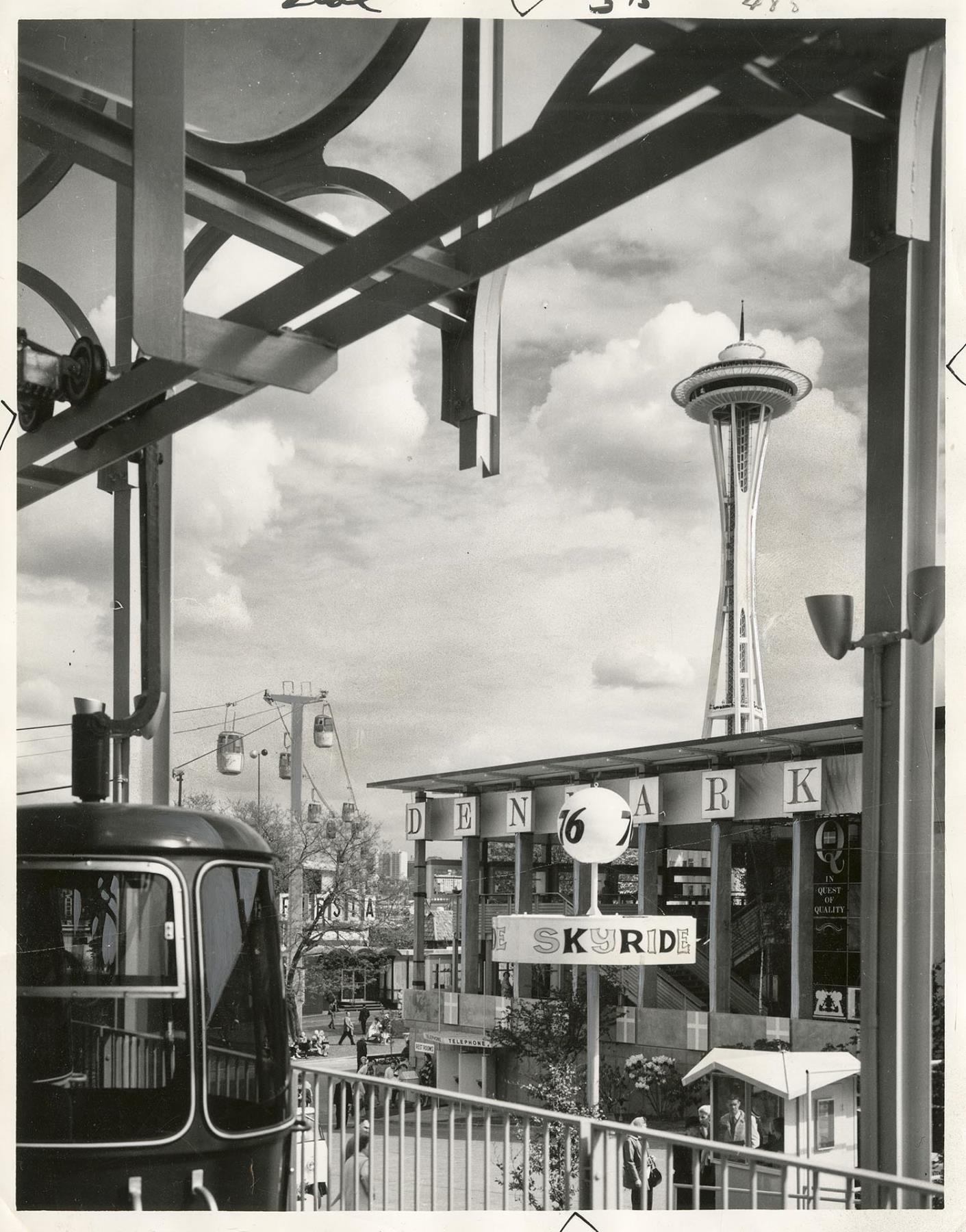 Image of Danish Pavilion, Skyride, and Space Needle at the World's Fair, Seattle, 1962