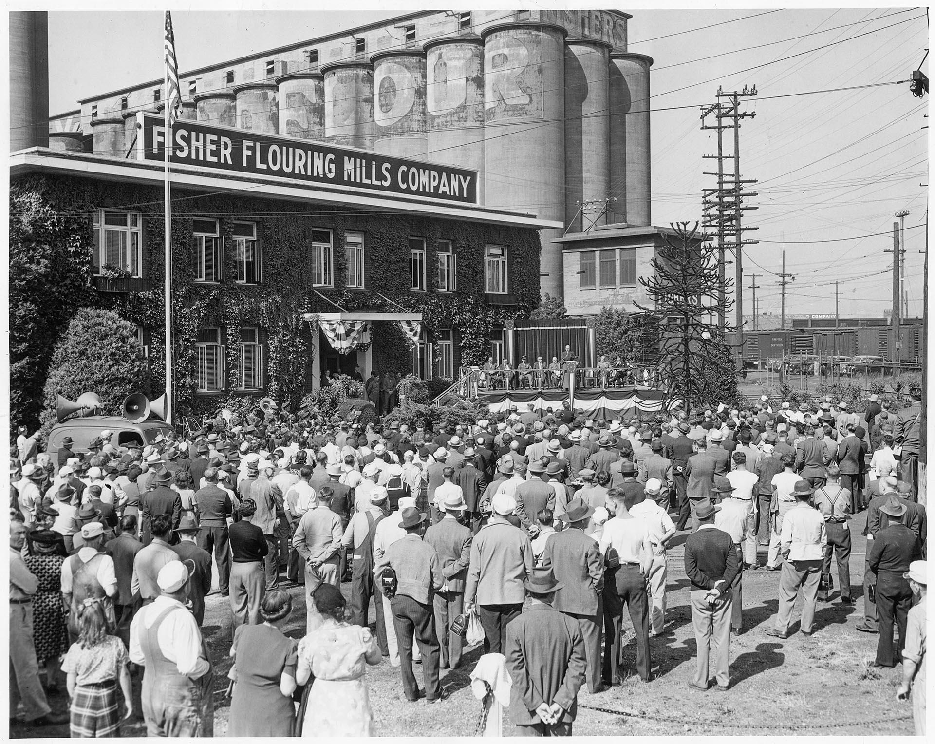 Image of Employees watching awards ceremony at Fisher Flouring Mills, Seattle, September 8, 1944