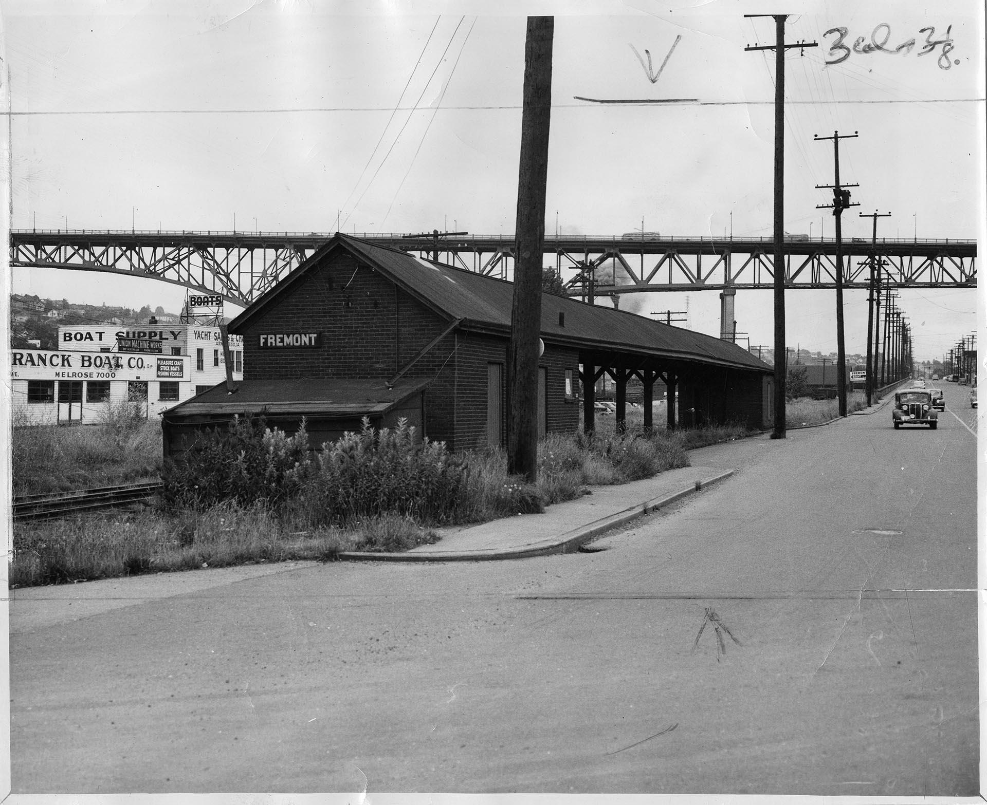 Image of Abandoned Fremont railroad station, Seattle, July 28, 1948