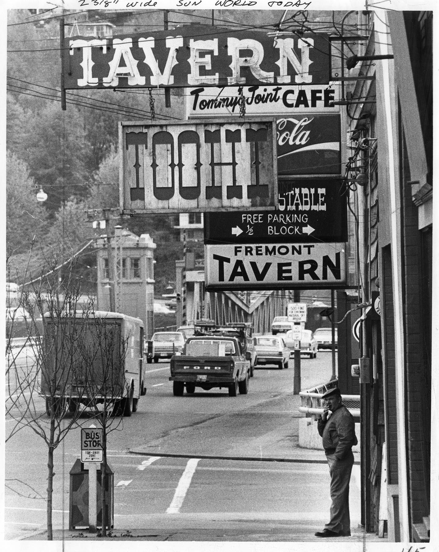 Image of Fremont Avenue looking south across Fremont Bridge, Seattle, April 26, 1974