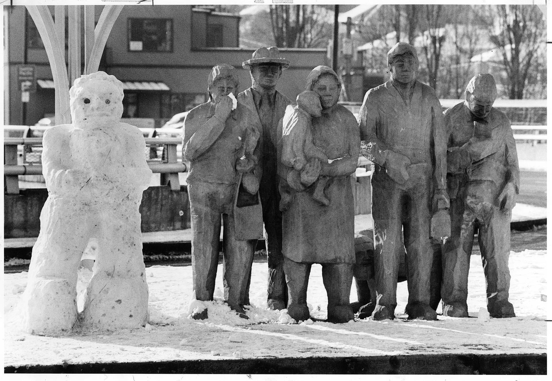 Image of Public sculpture with snowman, Seattle, January 6, 1982