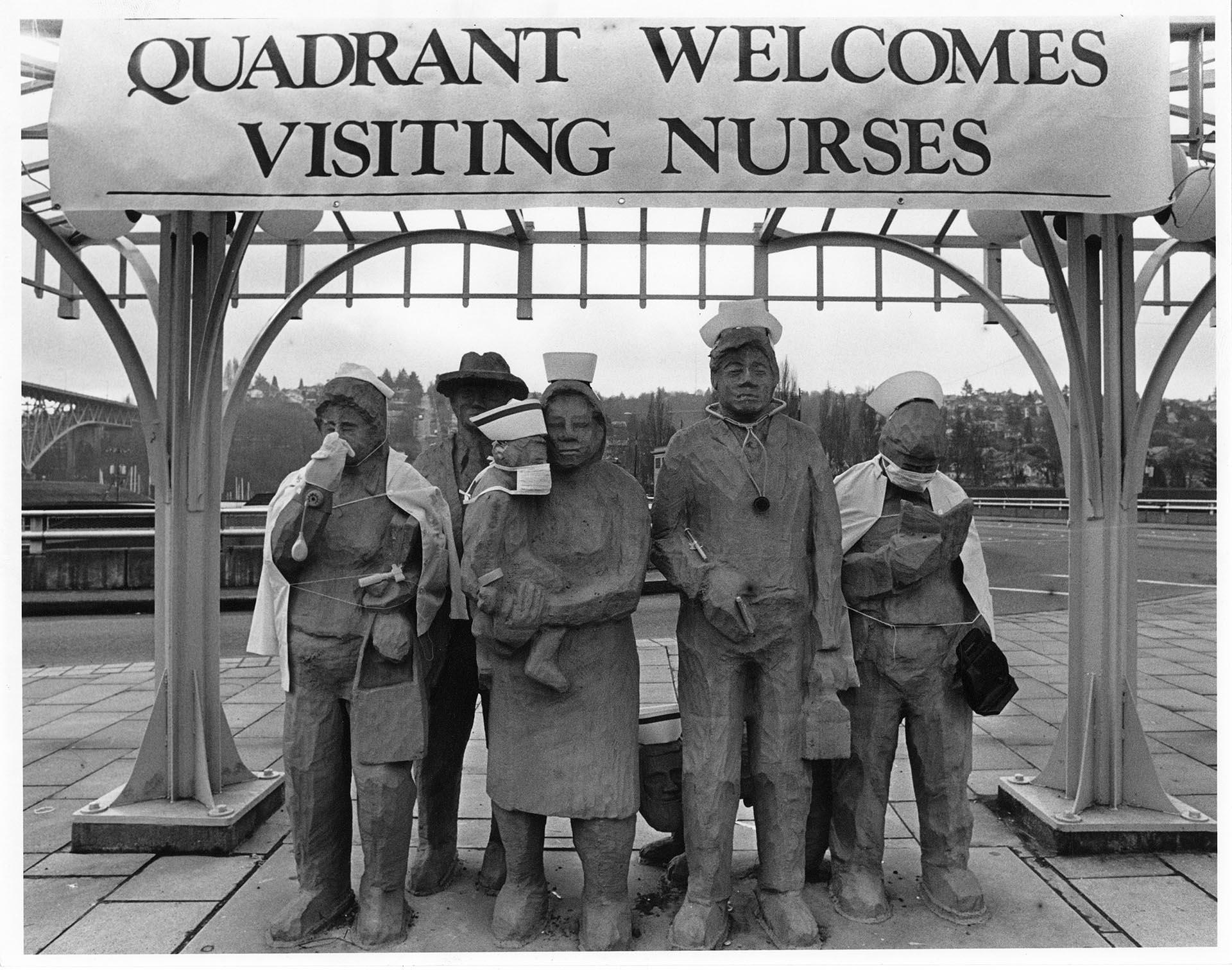 Image of Public sculpture decorated as nurses, Seattle, January 23, 1989