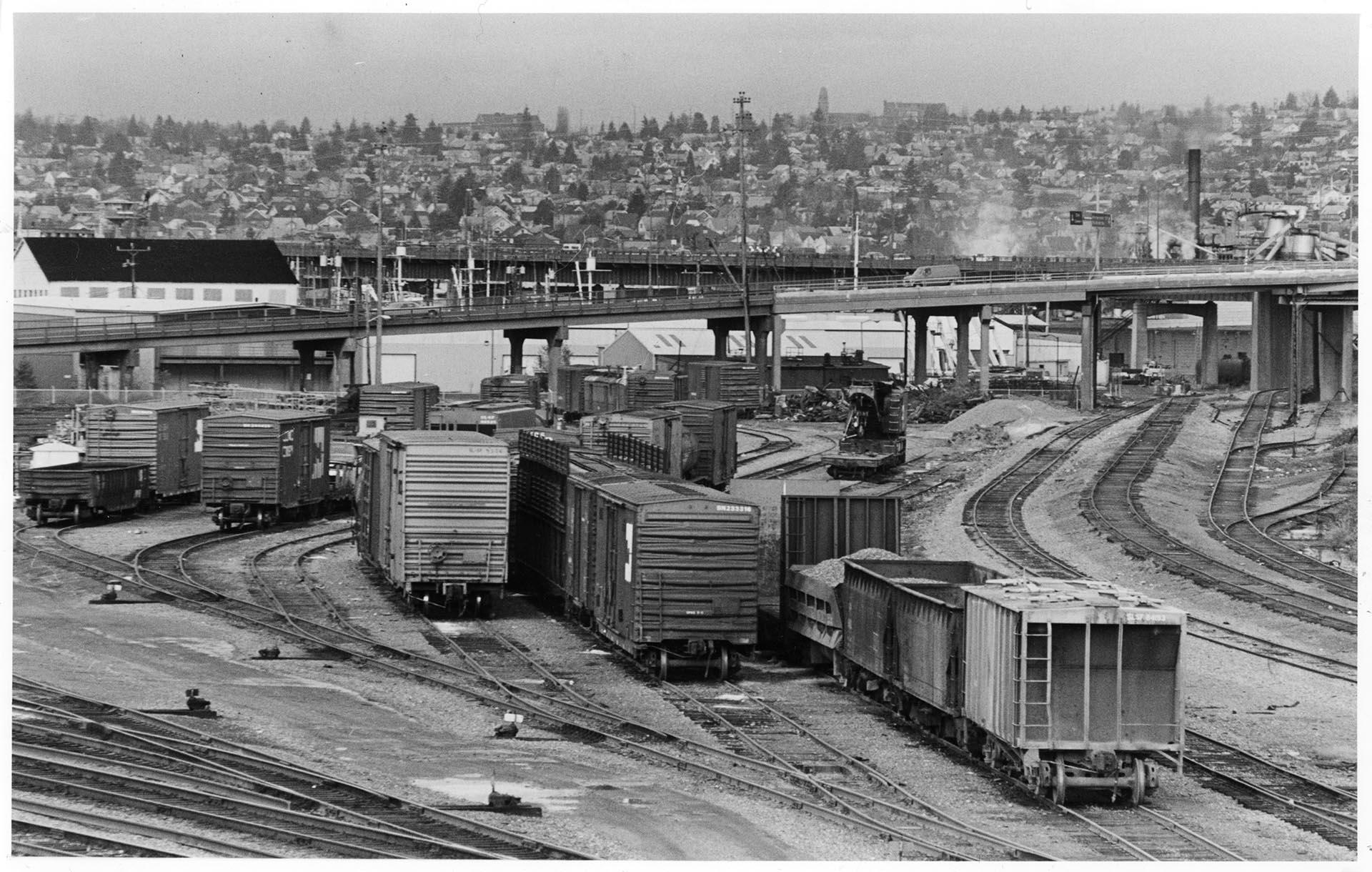 Image of Train yard between Magnolia and Queen Anne Hill, Seattle, December 13, 1982