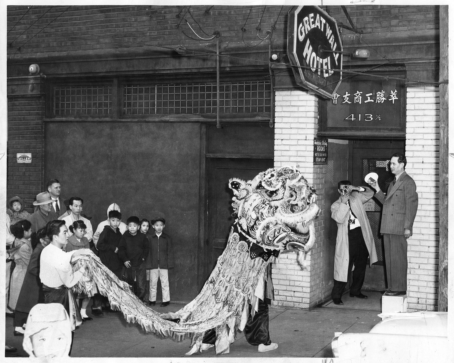 Image of Youth performing Chinese lion dance, Seattle, January 1, 1959