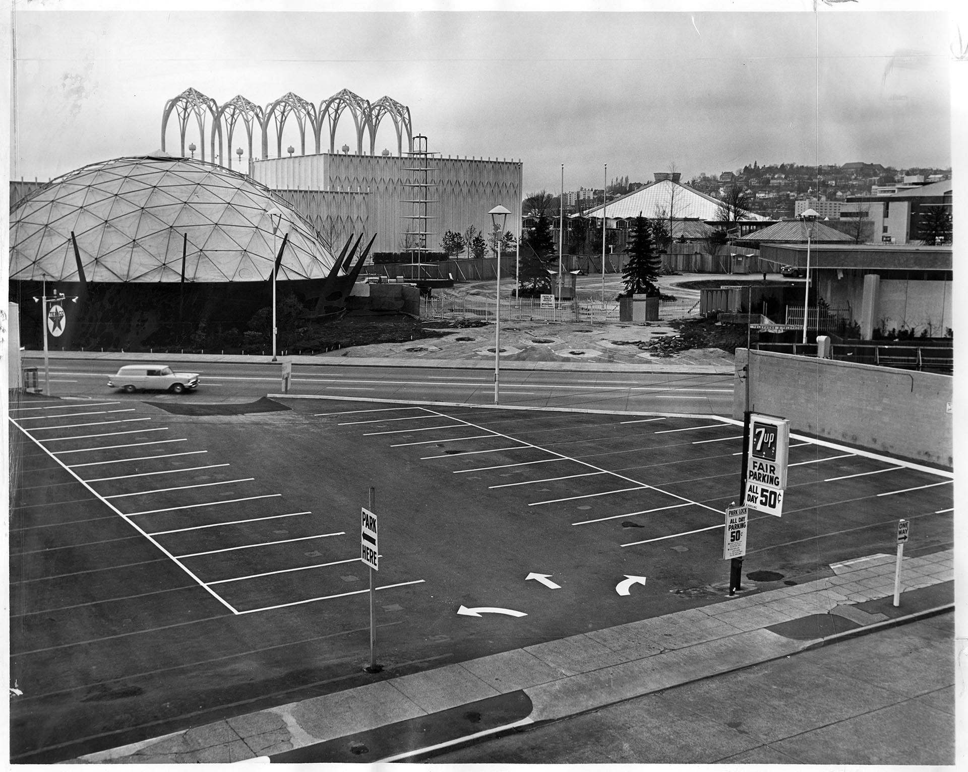 Image of Empty parking lot after World's Fair, Seattle, December 28, 1962