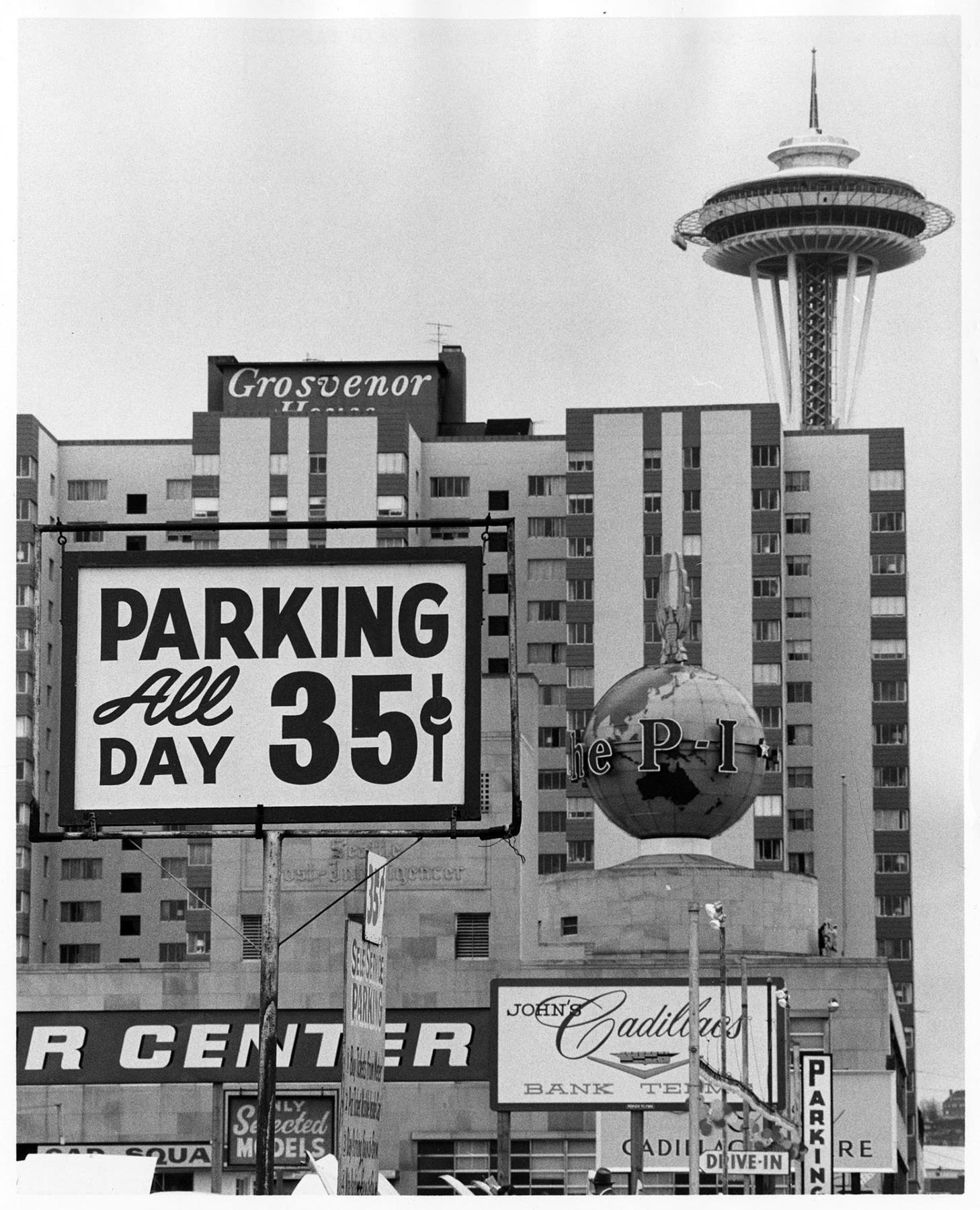 Image of Reduced parking fees after World's Fair, Seattle, December 28, 1962