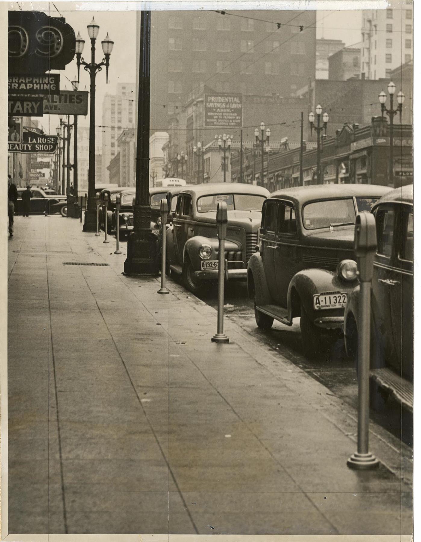 Image of New parking meters on Third Avenue, Seattle, February 5, 1942