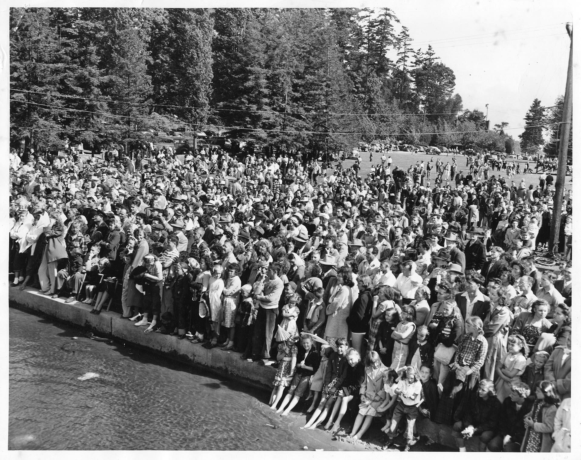 Image of Crowd watching Pow Wow event in Seward Park, Seattle, August 7, 1949