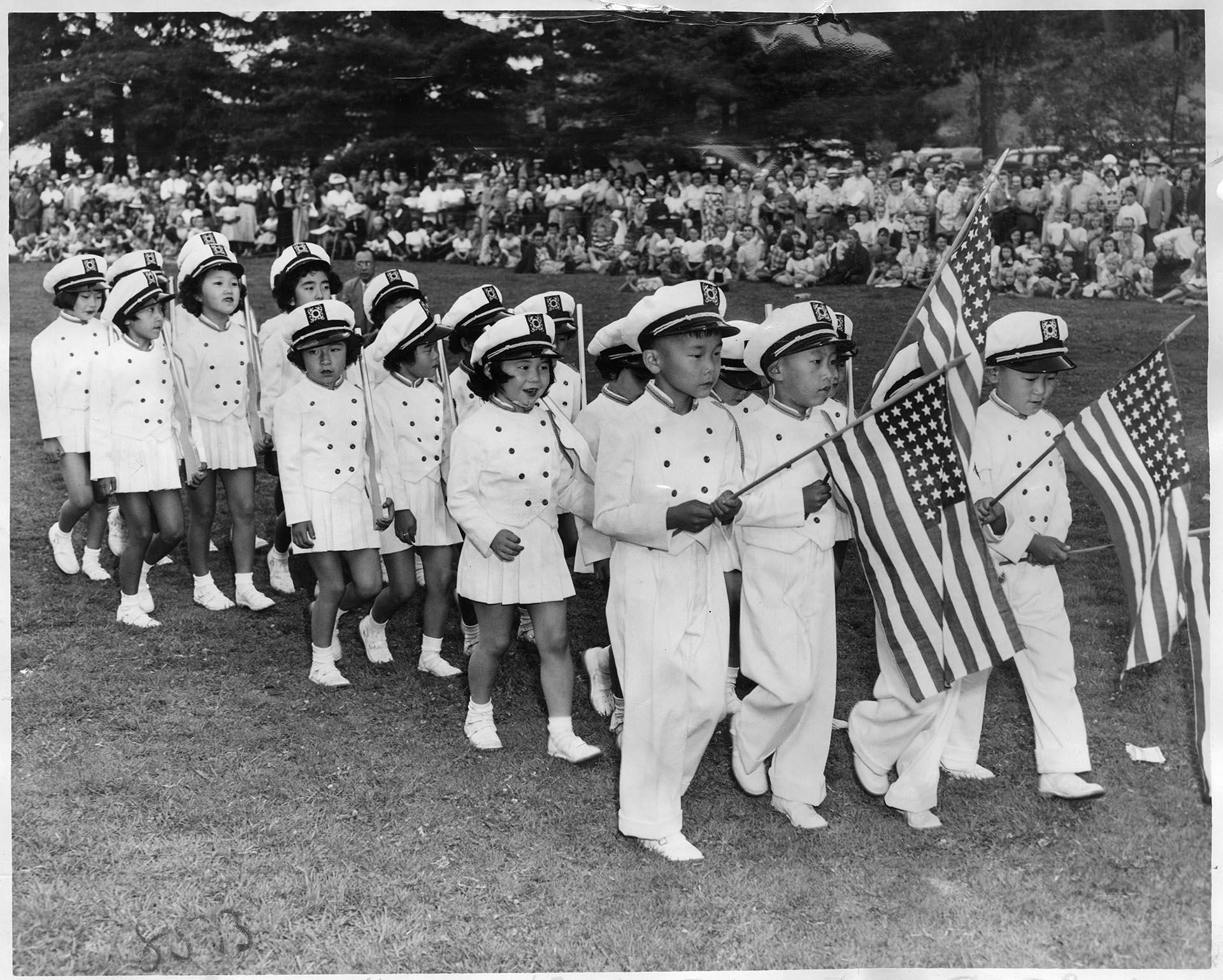 Image of Japanese Baby Drill Team marching at Pow Wow, Seattle, August 12, 1951