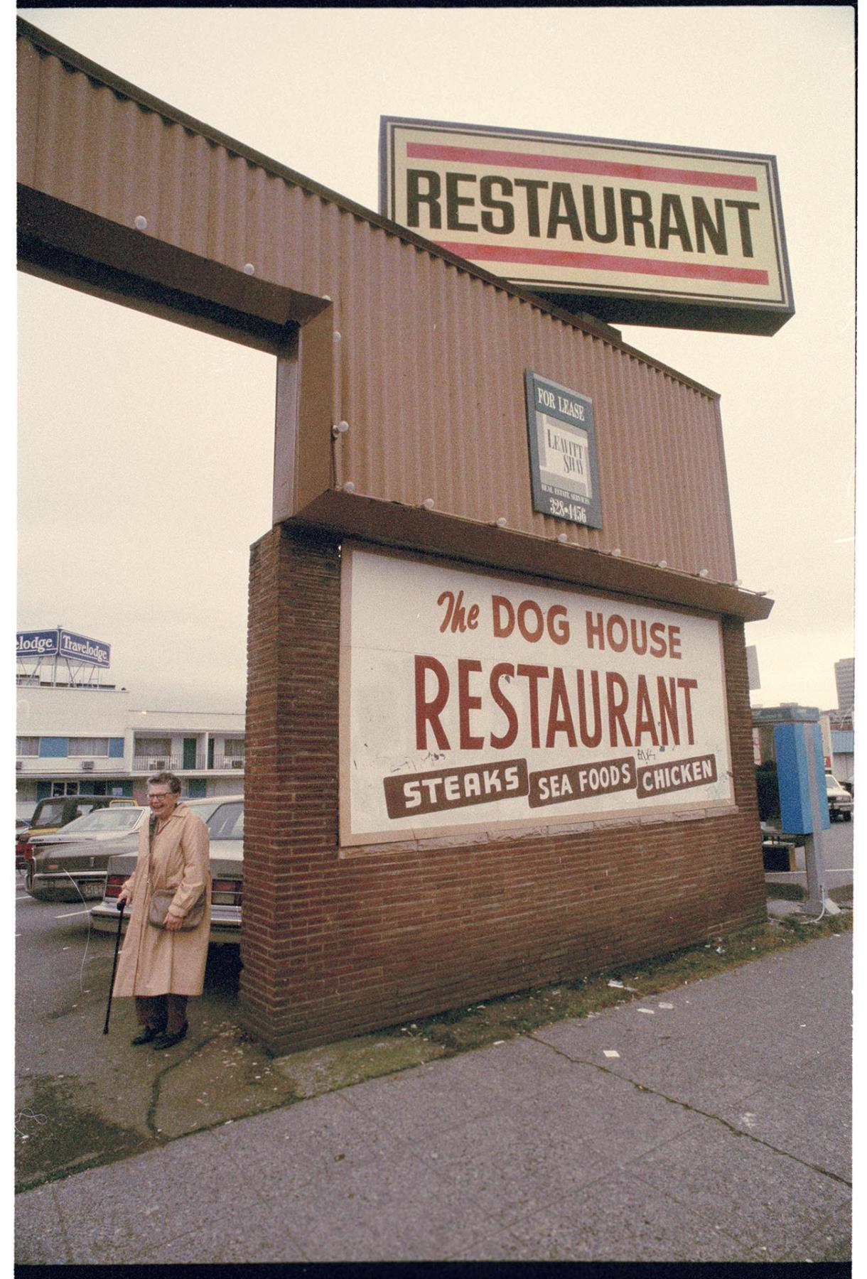 Image of Owner Laurie Gulbransen outside Dog House Restaurant, Seattle, January 10, 1994