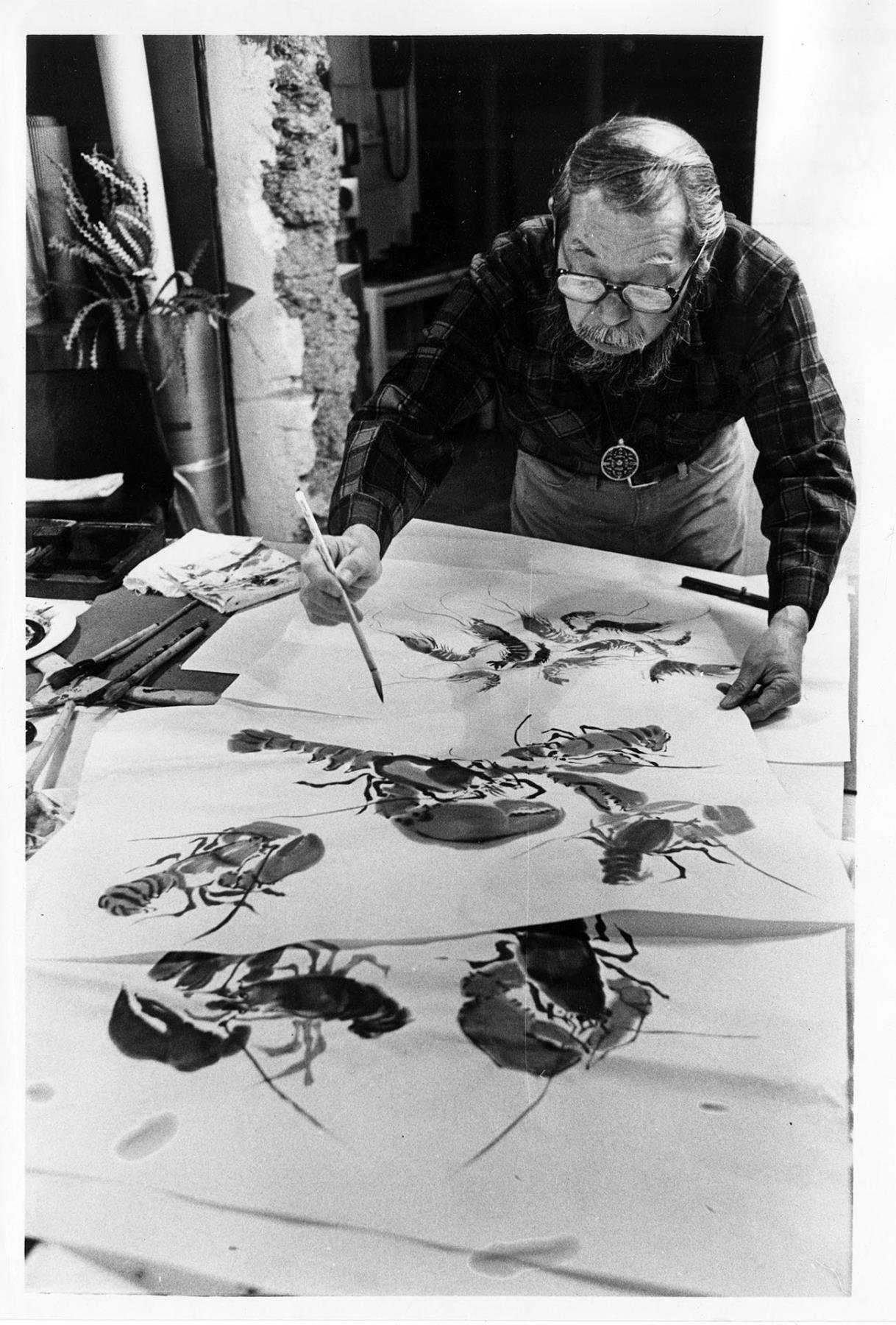 Image of George Tsutakawa painting in his studio, Seattle, November 28, 1978