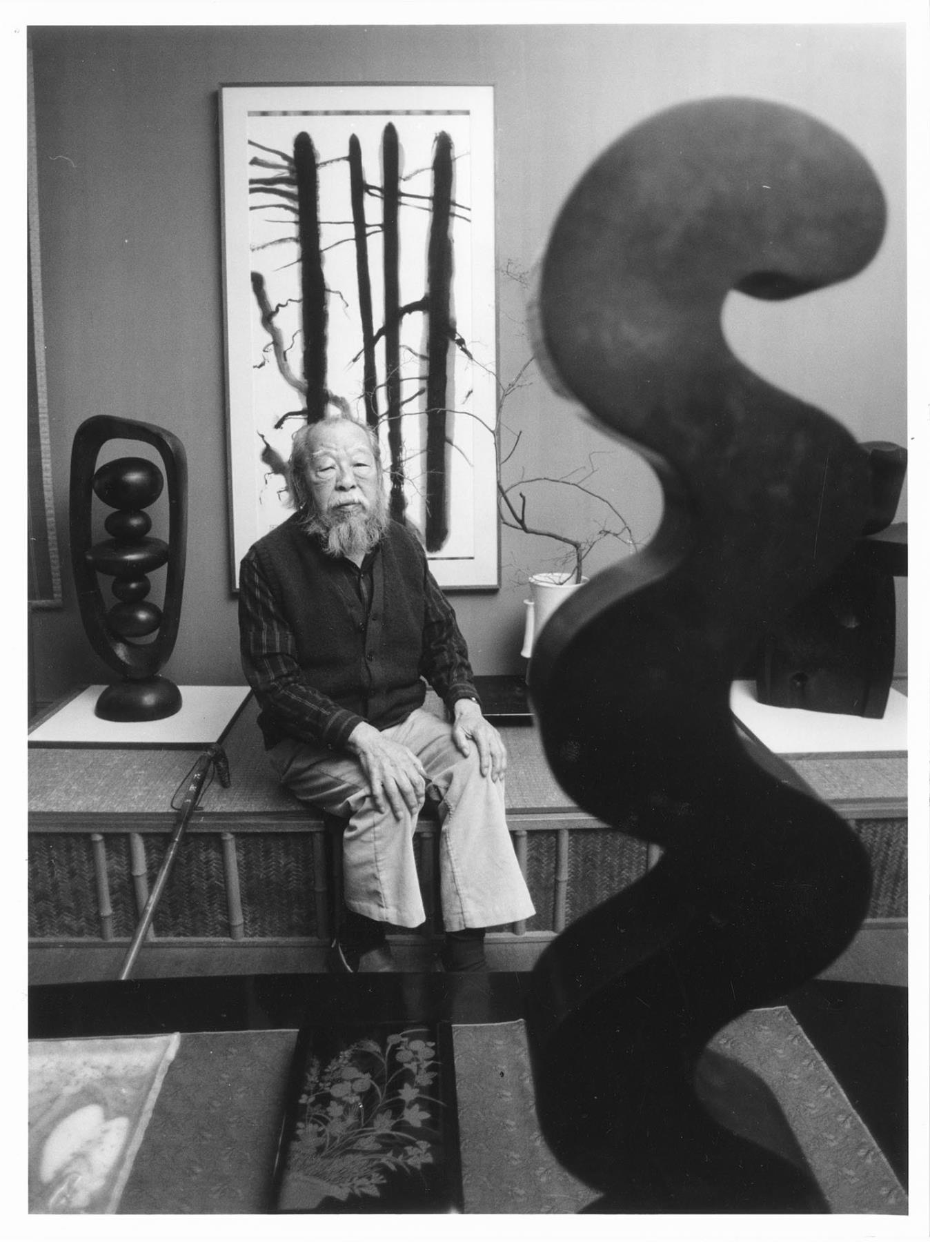 Image of George Tsutakawa with art works at his home, Seattle, January 4, 1994
