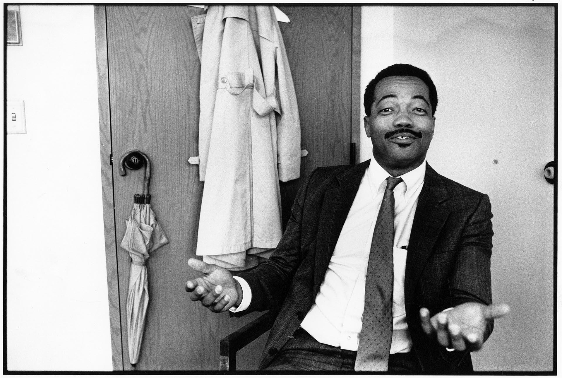 Image of T.J. Vassar discussing school board retirement, Seattle, March 8, 1989