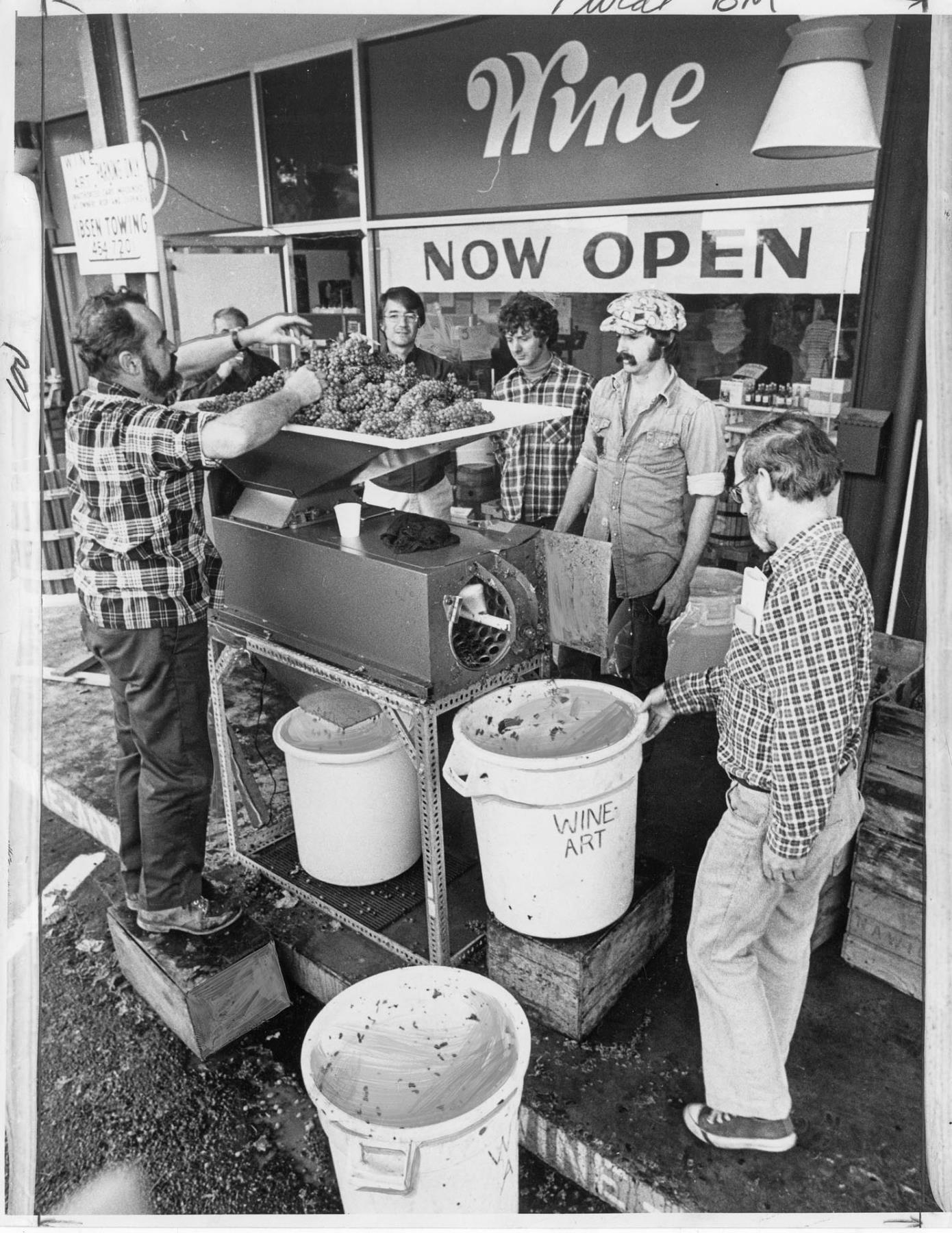 Image of Wine makers crushing grapes, Bellevue, October 4, 1975